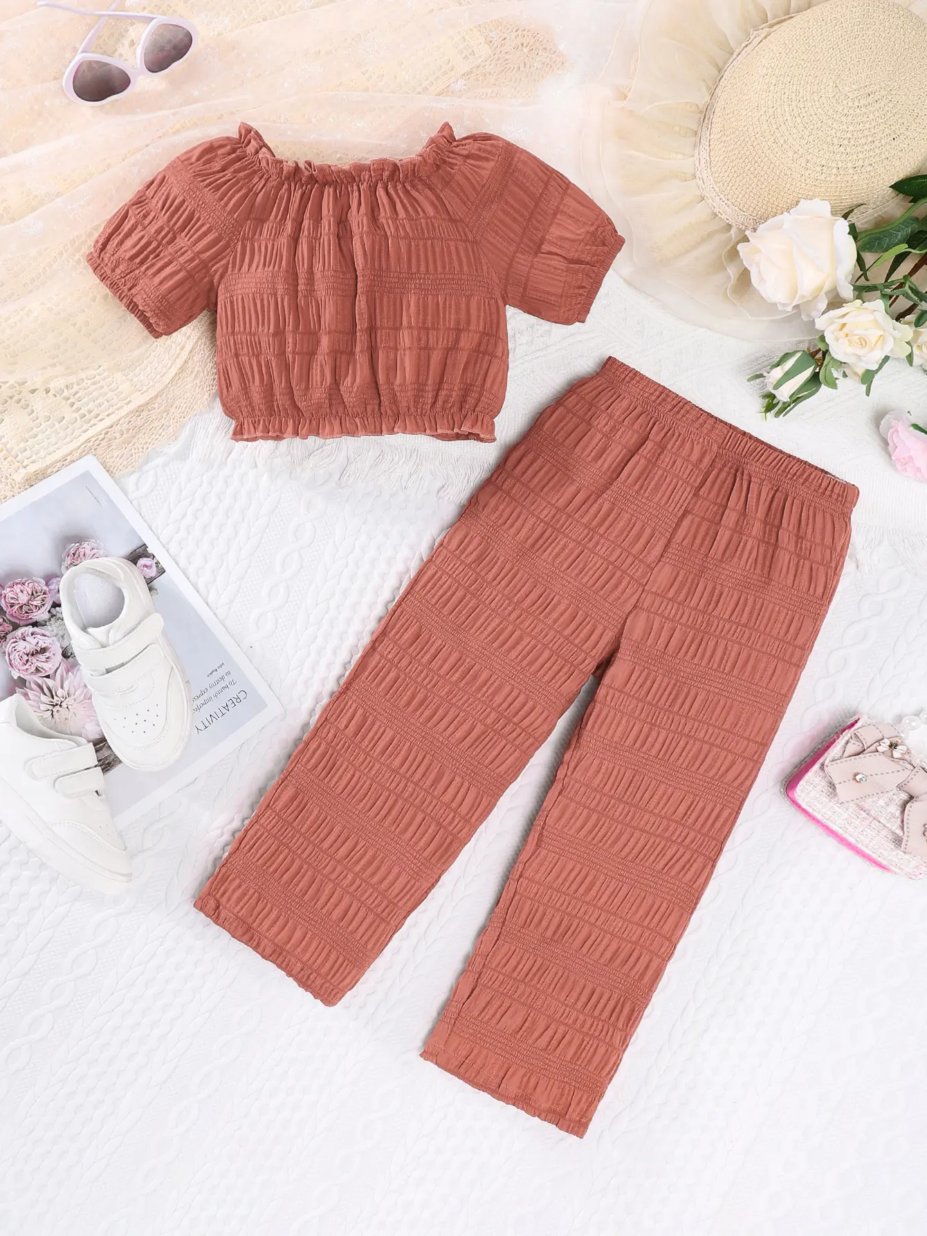 Girls' Set Pleated Cinched Waist Bubble Short-Sleeved Top Girls' Casual And Versatile Wide-Leg Pants For Spring And Summer