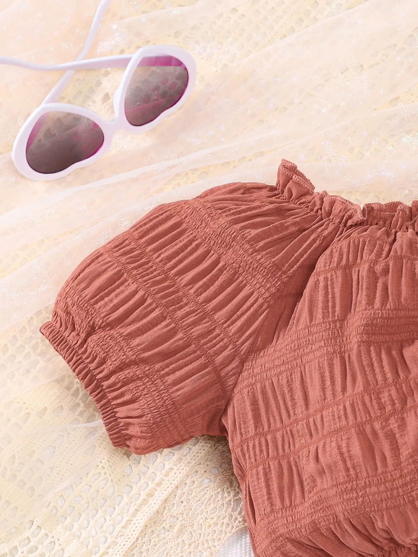 Girls' Set Pleated Cinched Waist Bubble Short-Sleeved Top Girls' Casual And Versatile Wide-Leg Pants For Spring And Summer