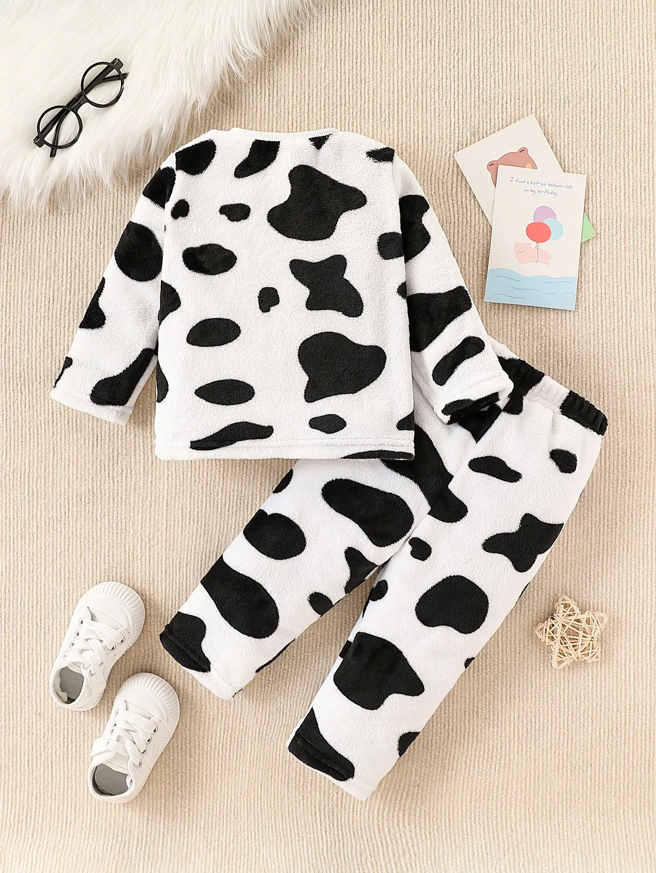 Autumn And Winter Newborn Baby Plush Warm Hoodie Set Boys' Little Milk Printed Long-Sleeved Shirt And Long Pants 2-Piece Set