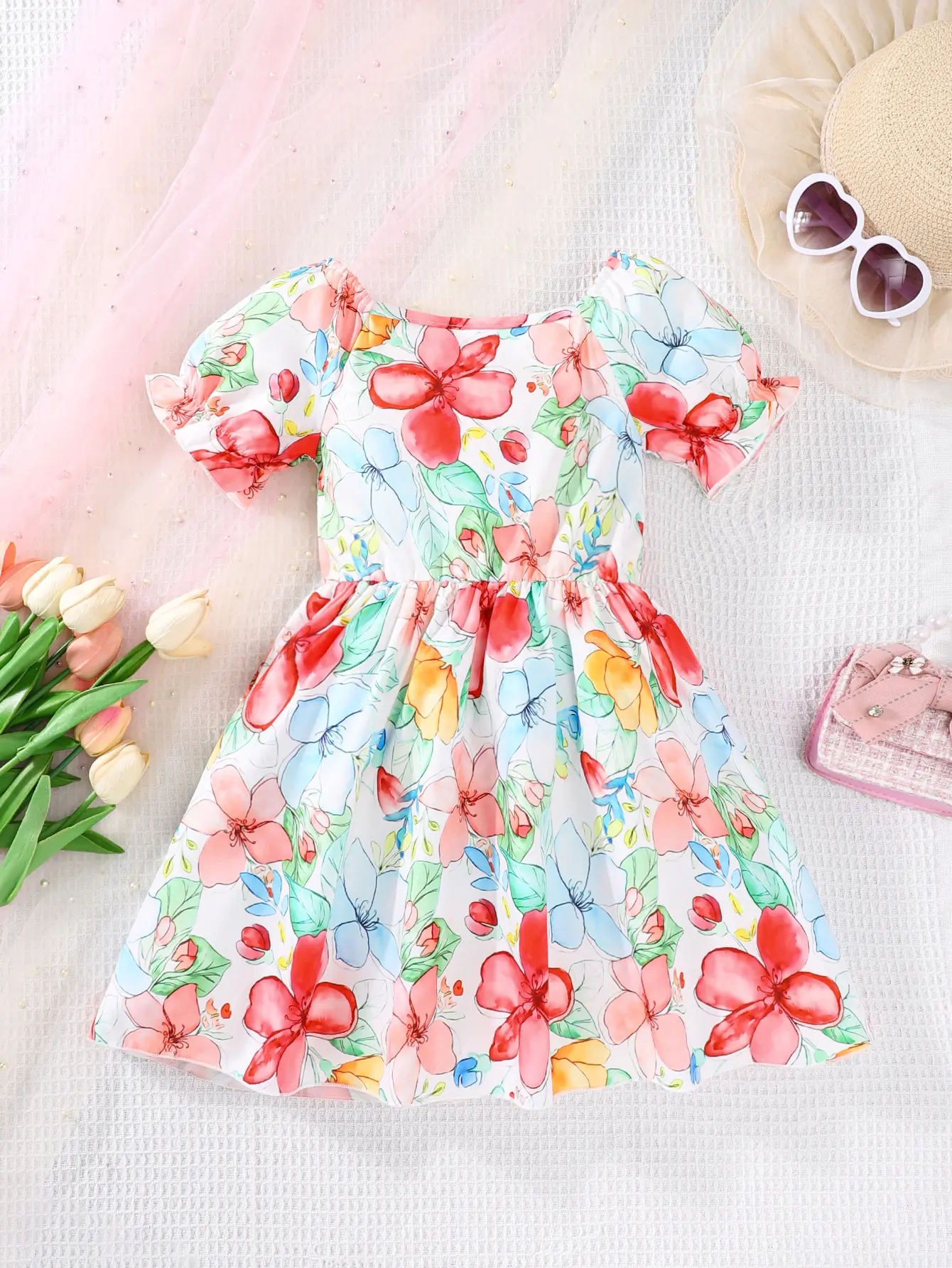 Small Floral Girl Dress Summer Thin Children's Girl Bubble Short-Sleeved Dress Summer Flower Cute Dress