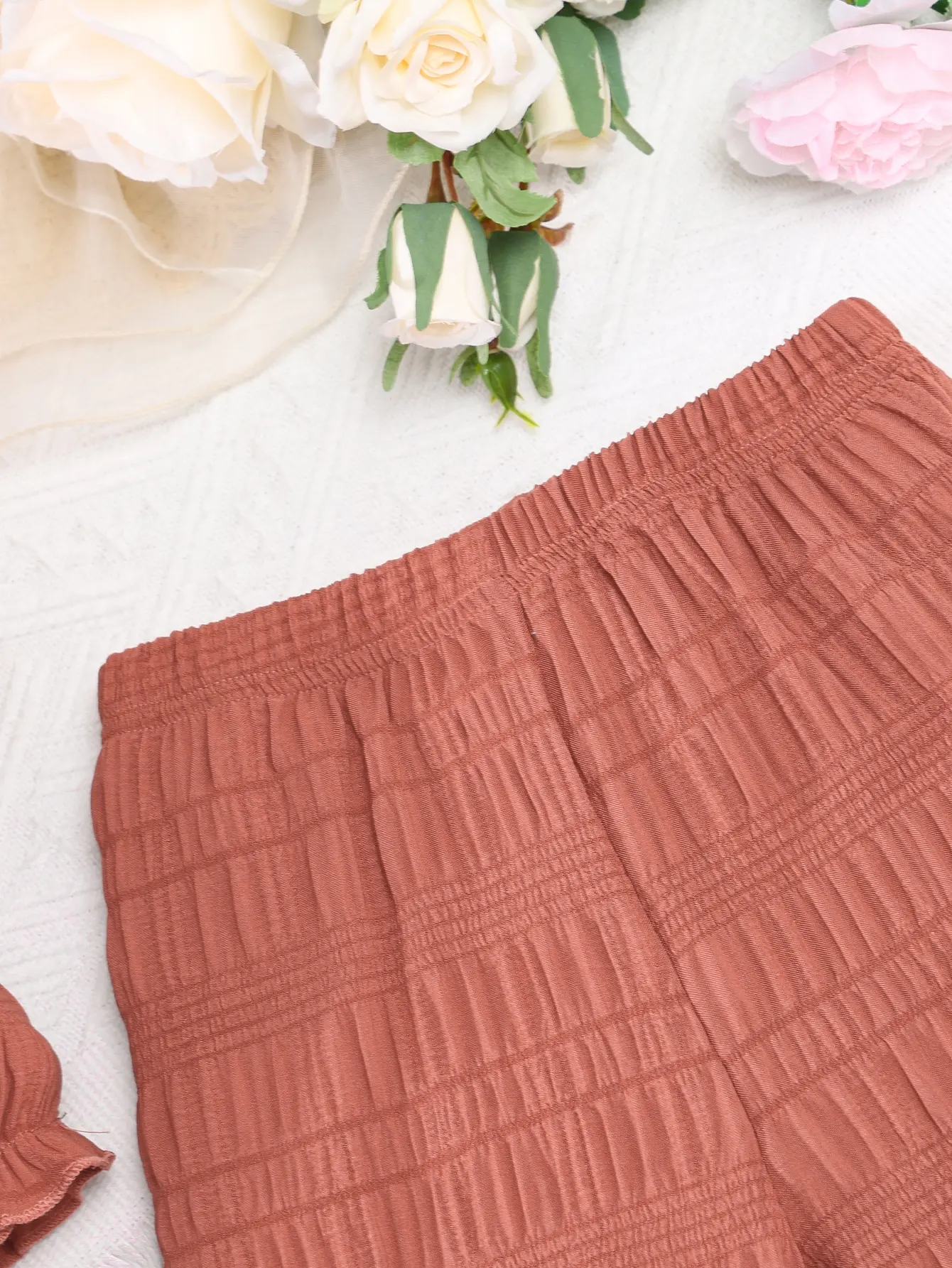 Girls' Set Pleated Cinched Waist Bubble Short-Sleeved Top Girls' Casual And Versatile Wide-Leg Pants For Spring And Summer