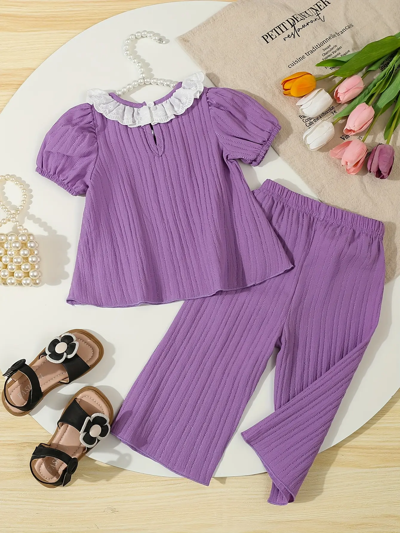 A Baby Girl's Spring And Summer Wavy Striped Jacquard Short-Sleeved Lace Lantern-Sleeved Skirt And Casual Long Pants Set Of 2 Pi