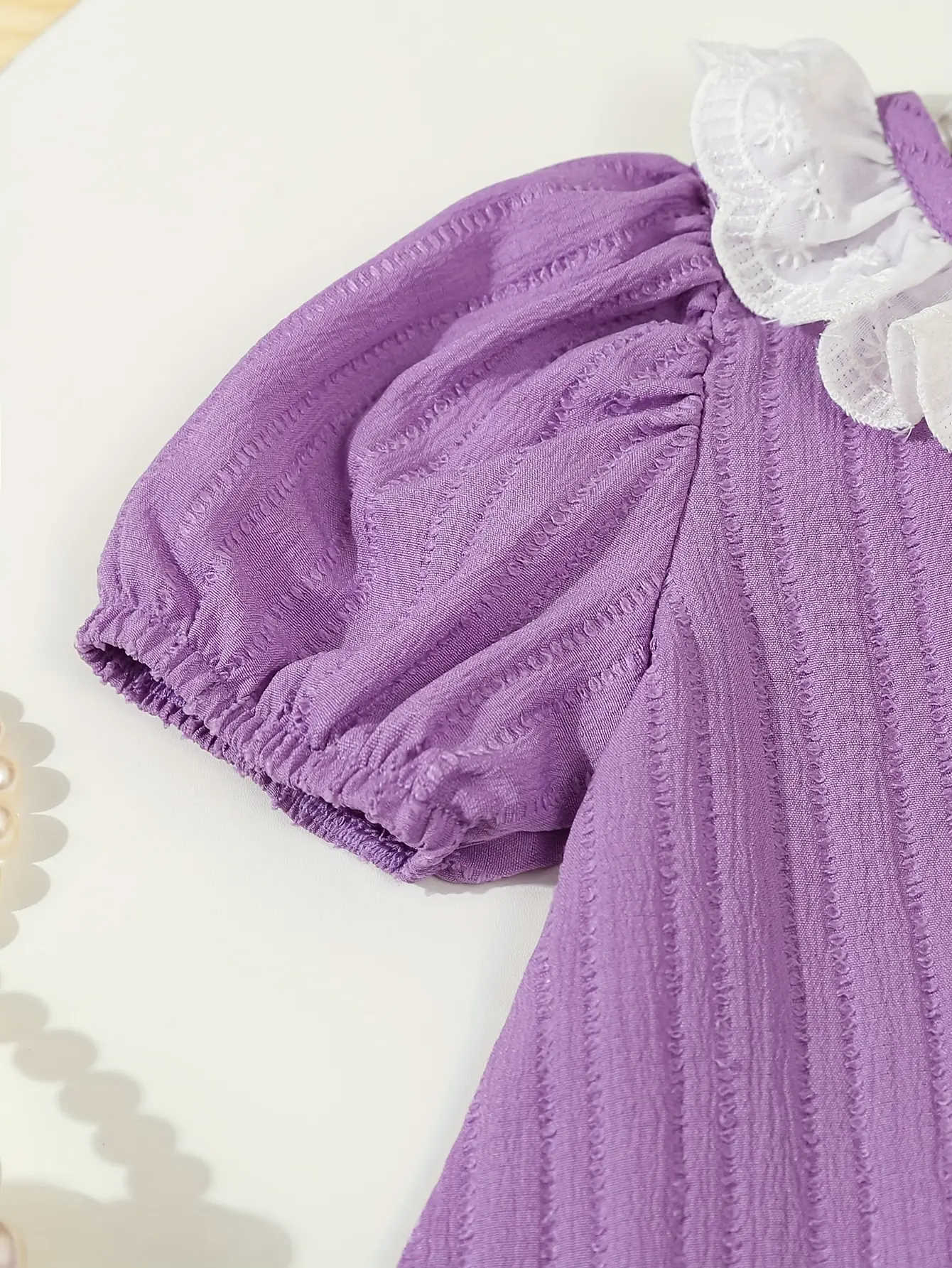 A Baby Girl's Spring And Summer Wavy Striped Jacquard Short-Sleeved Lace Lantern-Sleeved Skirt And Casual Long Pants Set Of 2 Pi