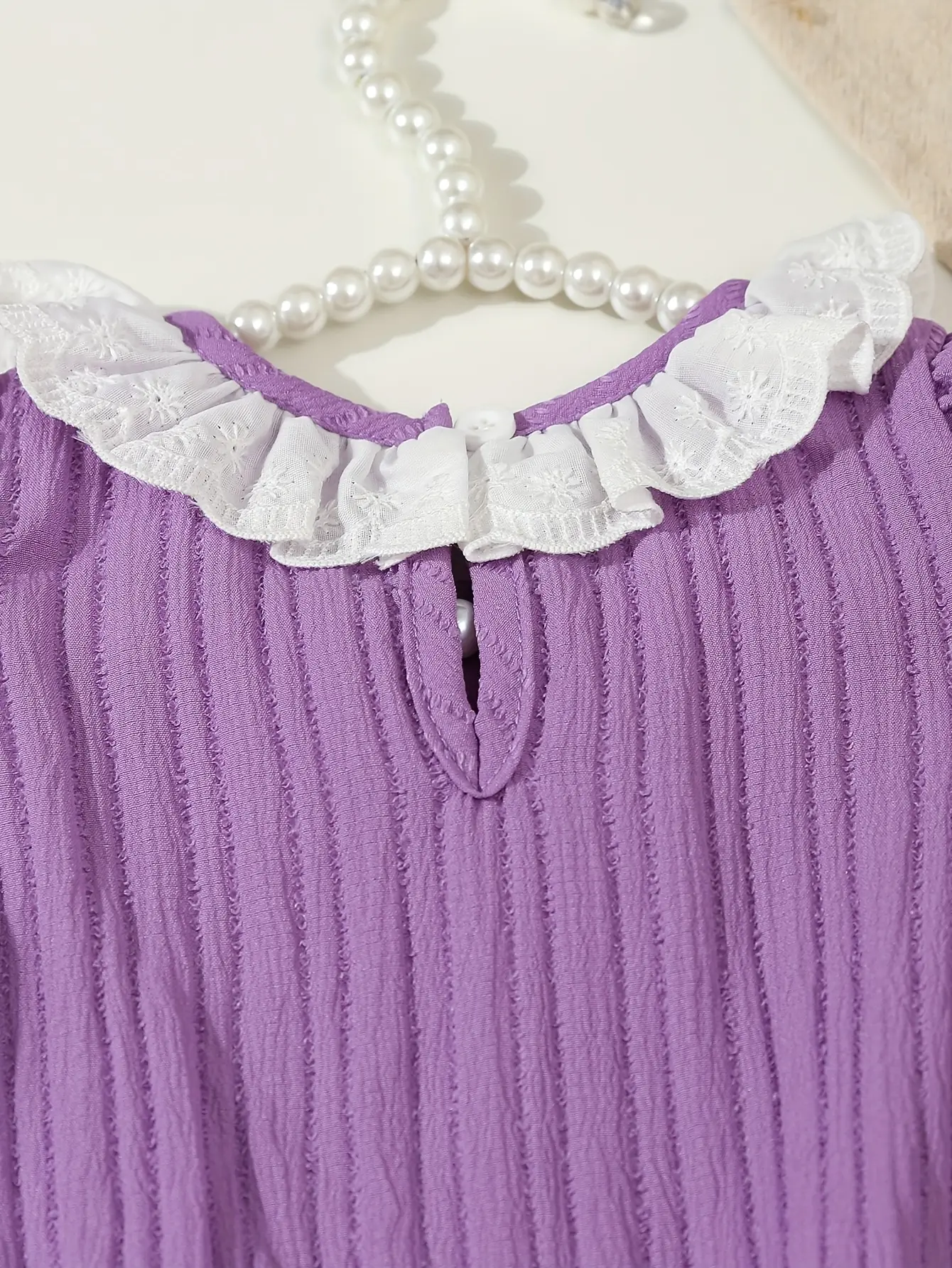 A Baby Girl's Spring And Summer Wavy Striped Jacquard Short-Sleeved Lace Lantern-Sleeved Skirt And Casual Long Pants Set Of 2 Pi