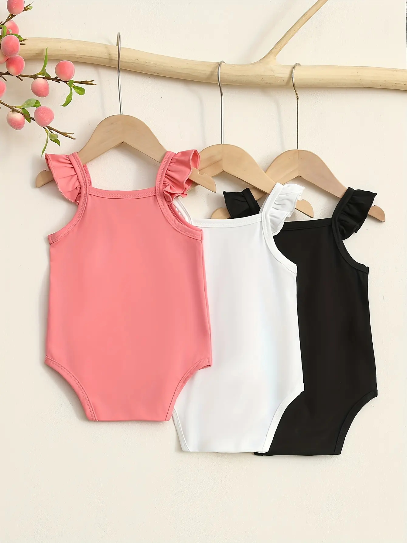 A 3-Piece Set Of Cute Summer Fly-Sleeved Halter Jumpsuit For Baby Girls And A Simple Floral Printed Triangular Halter
