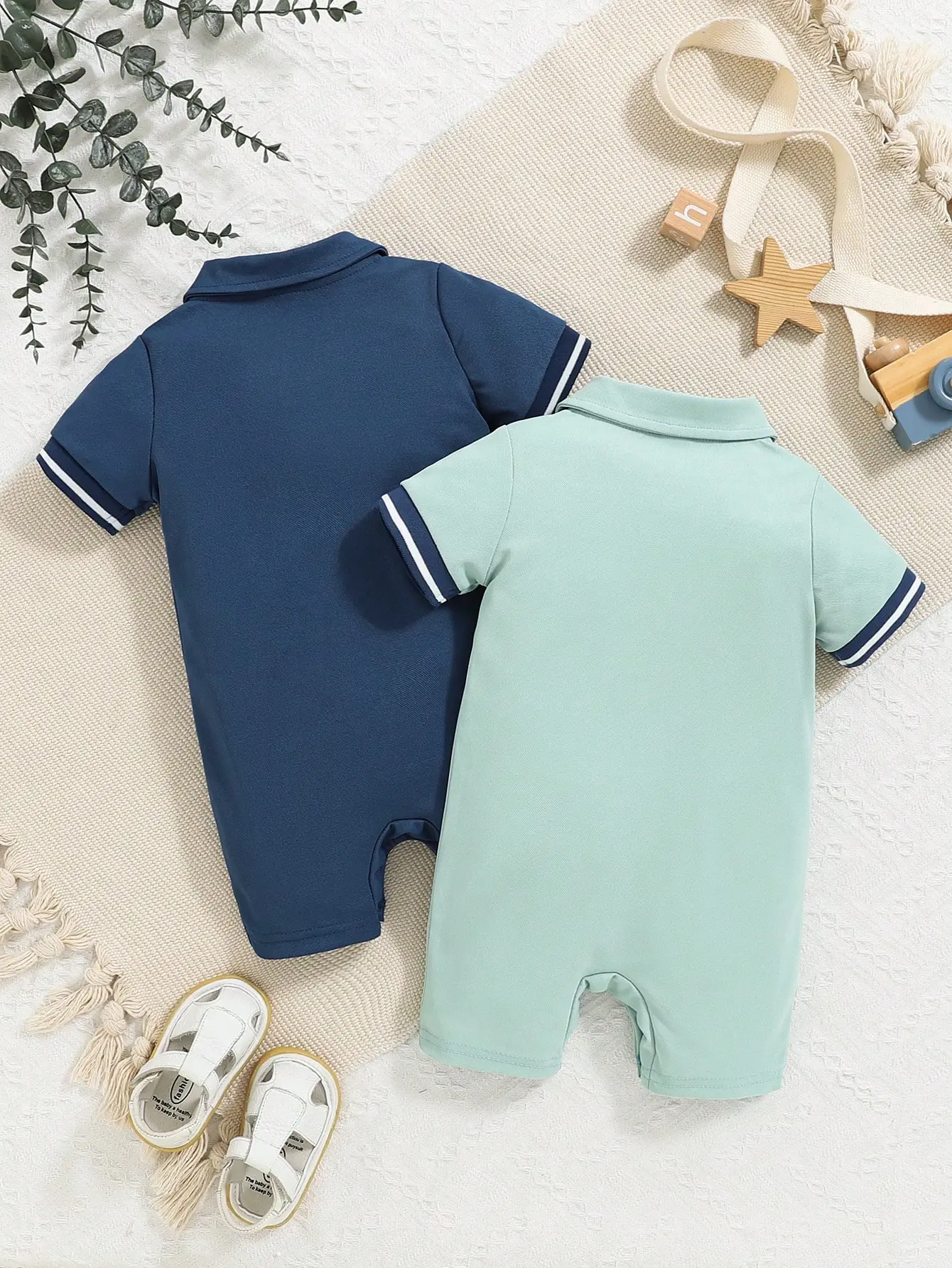 2025 New Newborn Baby Clothing Summer Newborn 2-Piece Set Of Solid Color Polo Collar Short-Sleeved Romper Blue Green