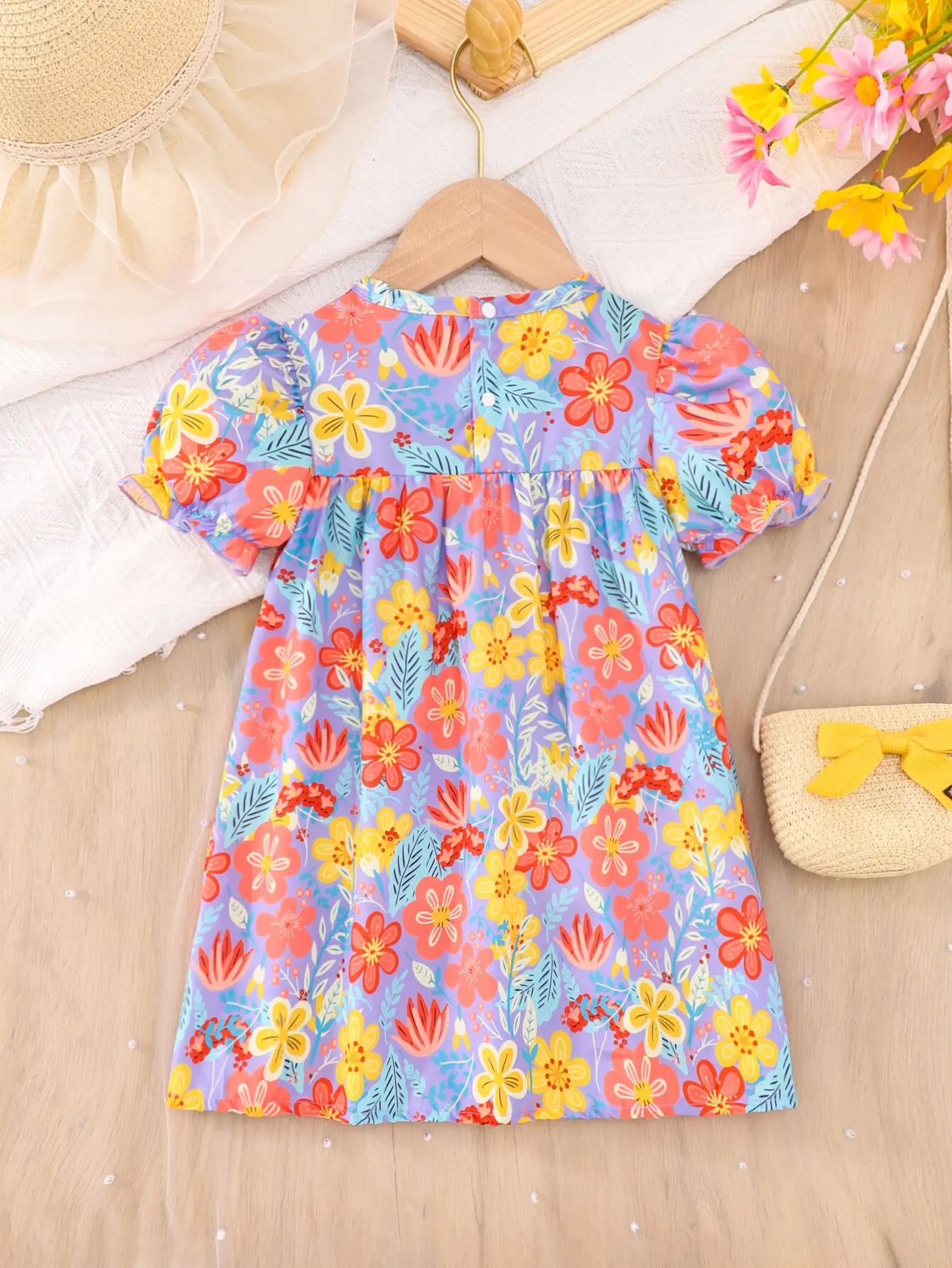 Small Floral Girls Summer Thin Skirt Bubble Sleeve Full Print Flower Print Short Sleeve Cute Sweet Holiday Travel Casual Dress