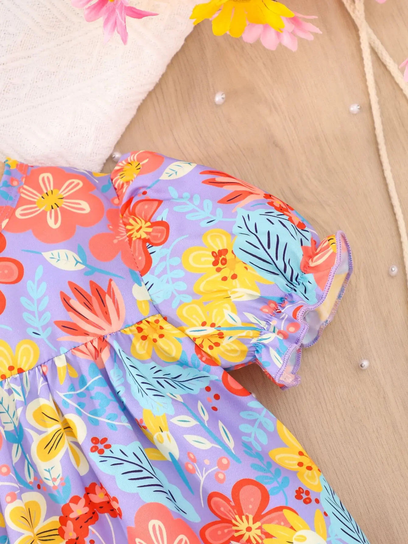 Small Floral Girls Summer Thin Skirt Bubble Sleeve Full Print Flower Print Short Sleeve Cute Sweet Holiday Travel Casual Dress