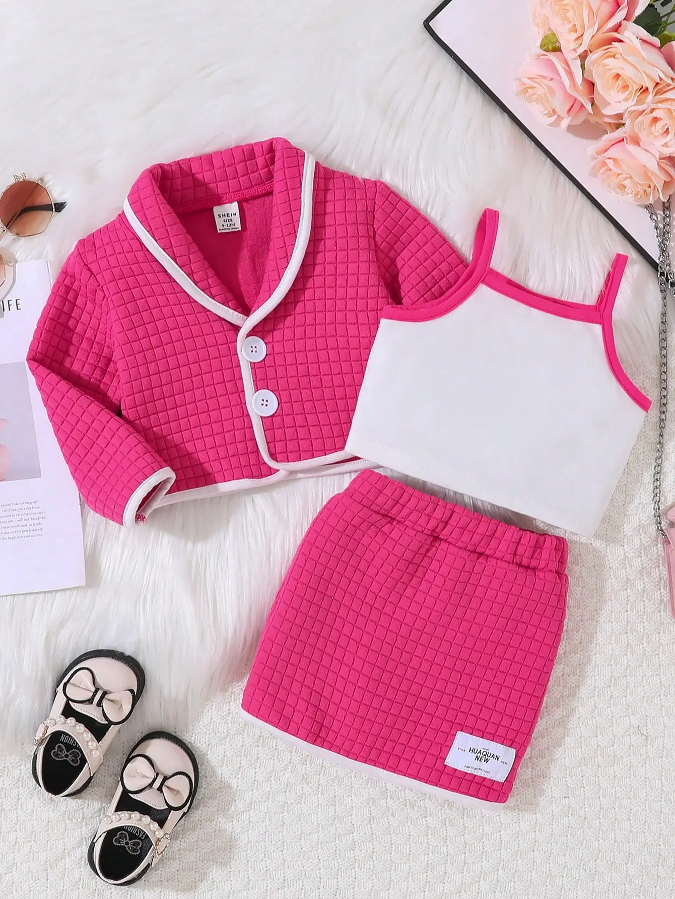 New Spring And Autumn Baby Girl Fashion Formal Set: 3-Piece European And American Style Rose Red Coat + Vest + Short Skirt