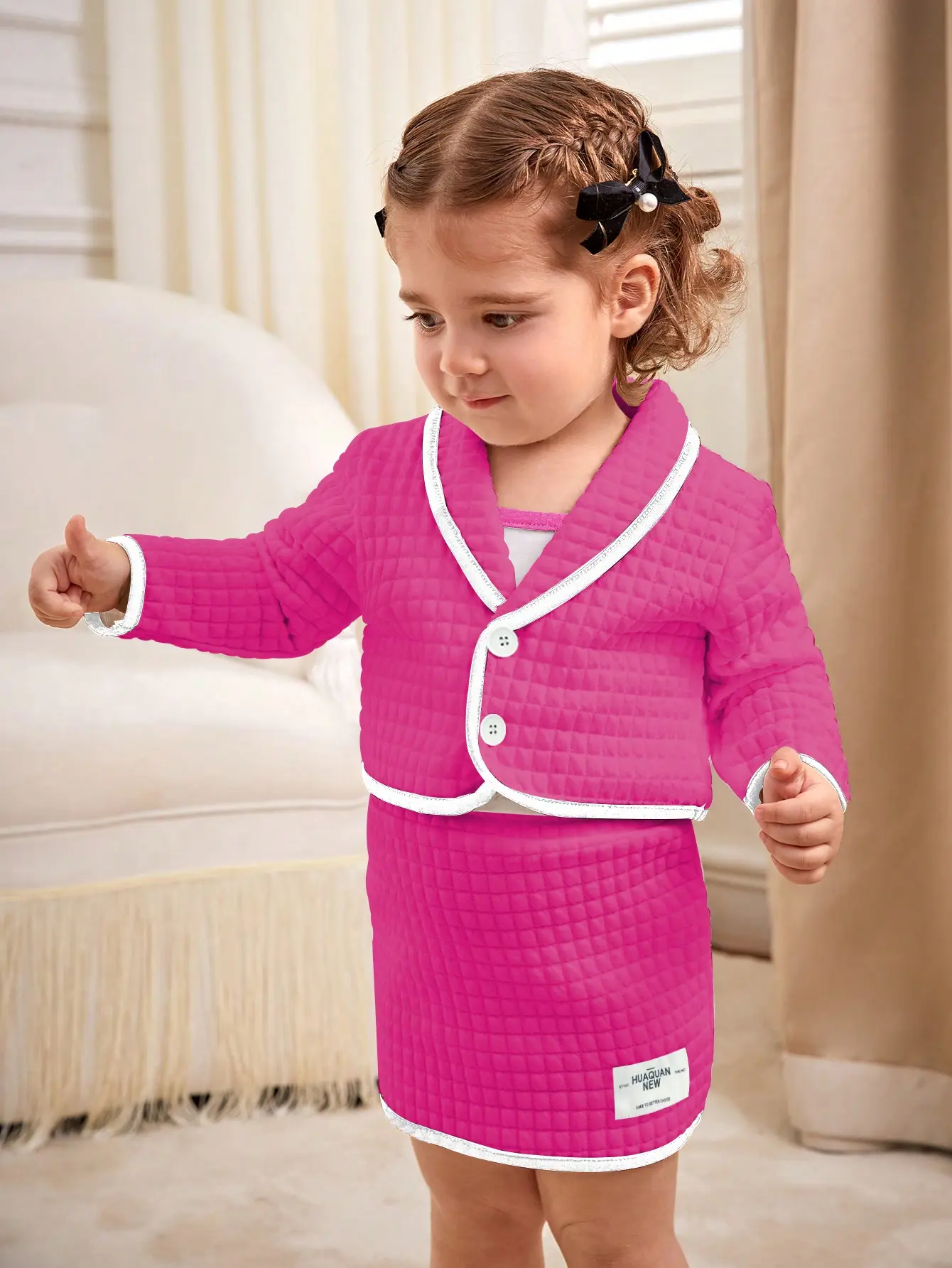 New Spring And Autumn Baby Girl Fashion Formal Set: 3-Piece European And American Style Rose Red Coat + Vest + Short Skirt
