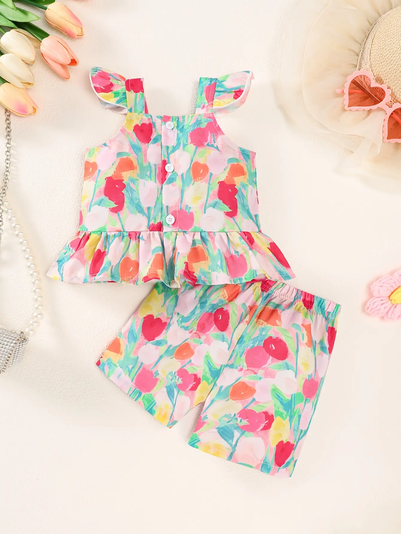 Summer Baby Girl Tie-Dye Style Simple And Fashionable Set, Summer Sleeveless Strappy Top + Casual Shorts 2-Piece Set