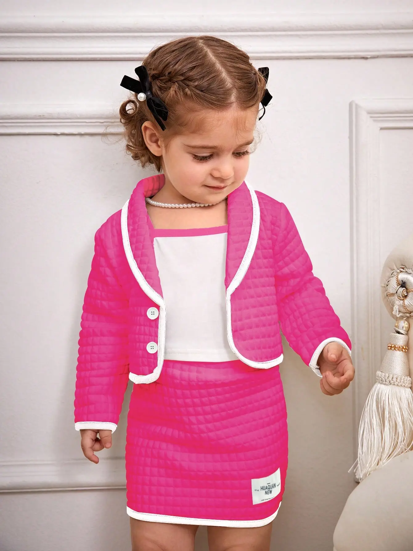 New Spring And Autumn Baby Girl Fashion Formal Set: 3-Piece European And American Style Rose Red Coat + Vest + Short Skirt