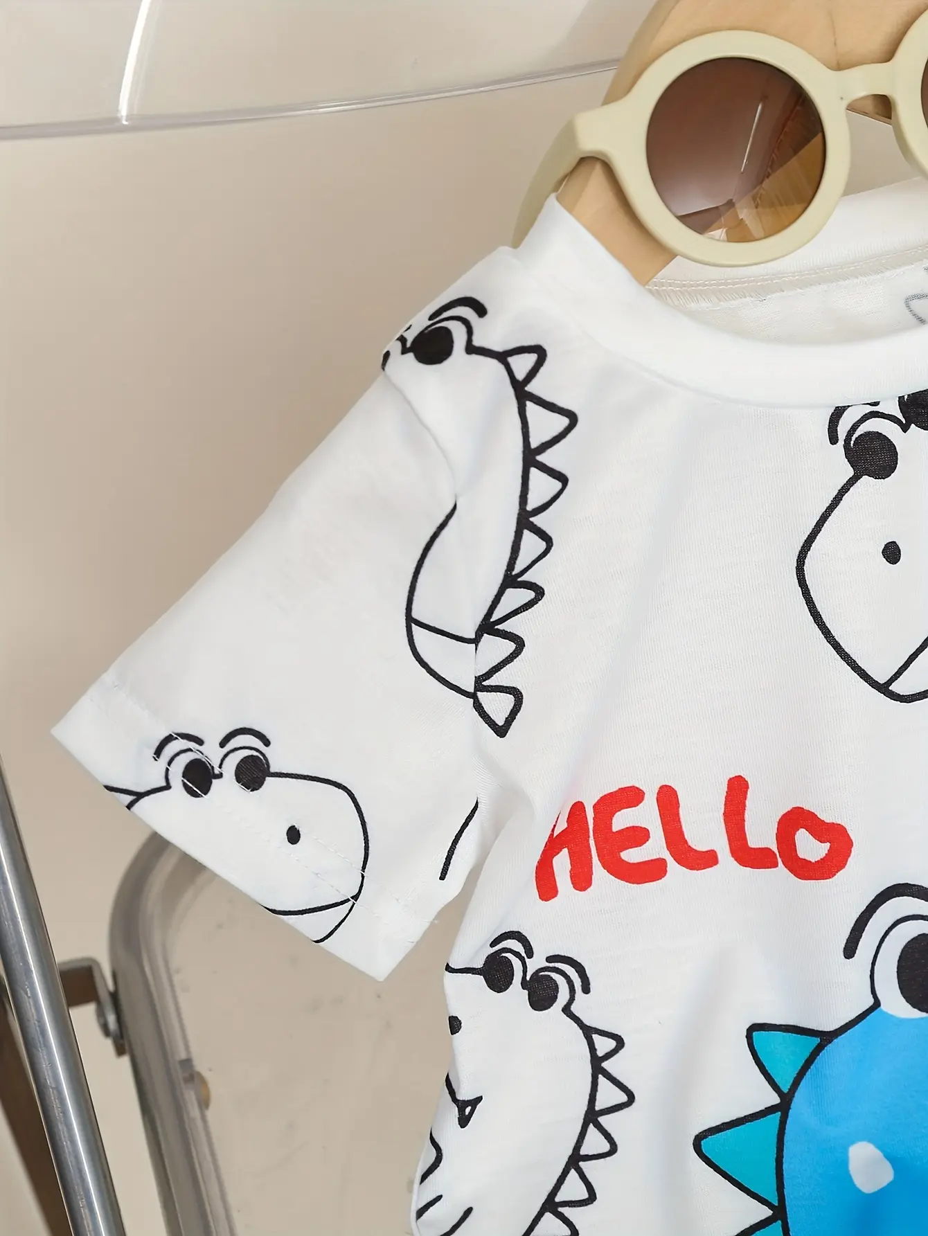 Summer Baby Boy Cute Little Dinosaur Printed Round-Neck T-Shirt + Ripped Denim Shorts 2-Piece Set