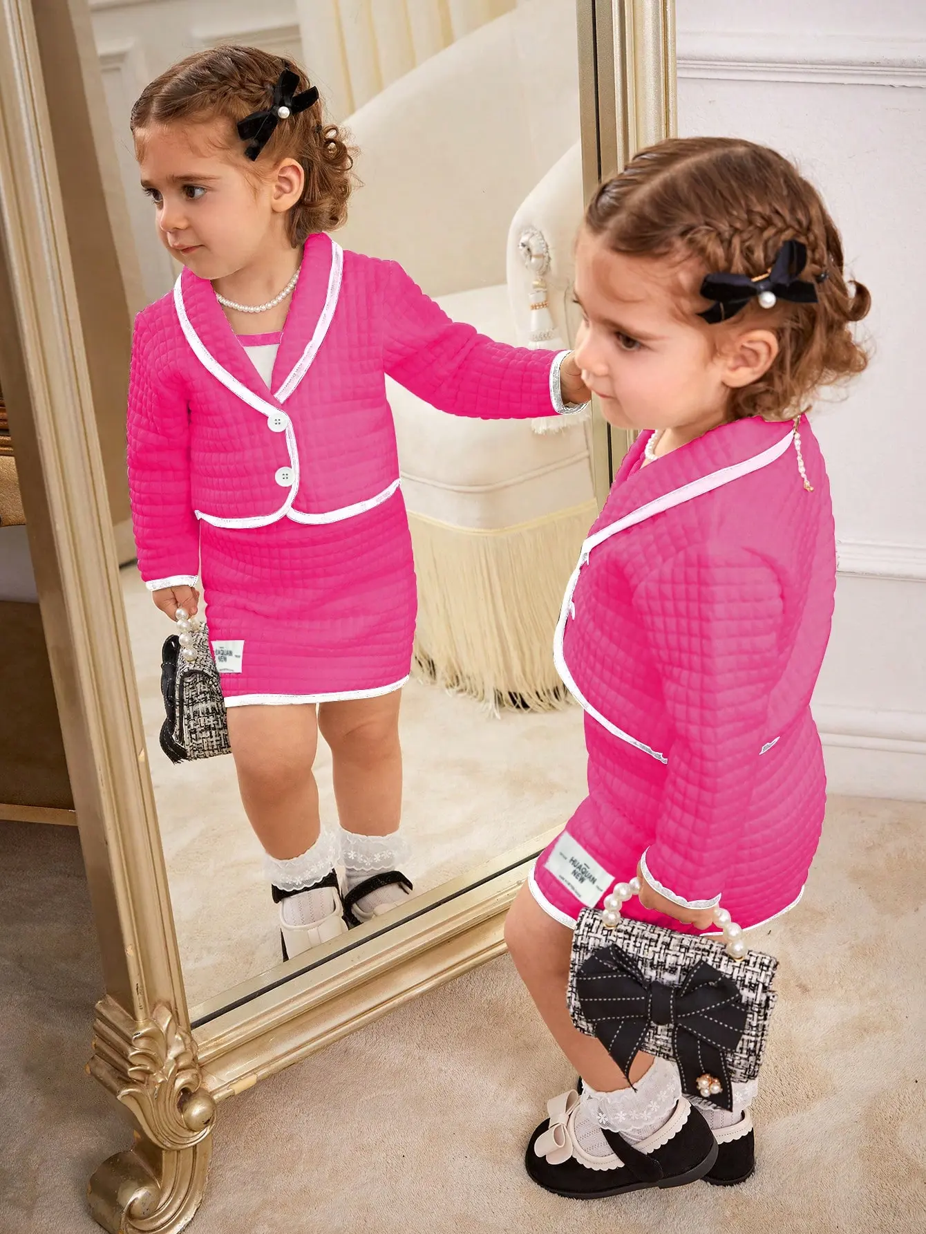 New Spring And Autumn Baby Girl Fashion Formal Set: 3-Piece European And American Style Rose Red Coat + Vest + Short Skirt