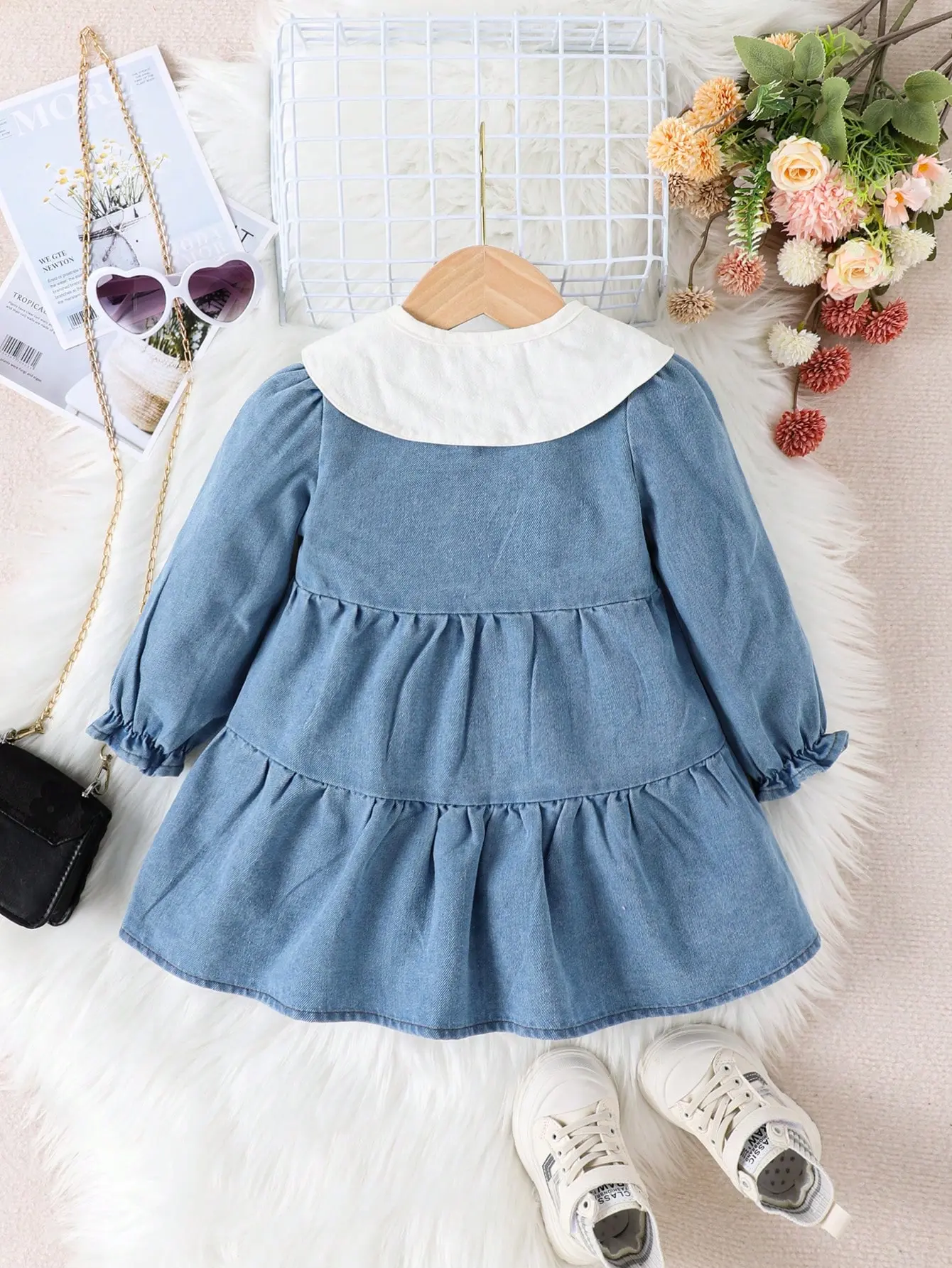 Spring And Autumn Baby Girl Fashion Leisure Holiday Out Comfortable Denim Long Sleeve Dress Flower Embroidered Collar