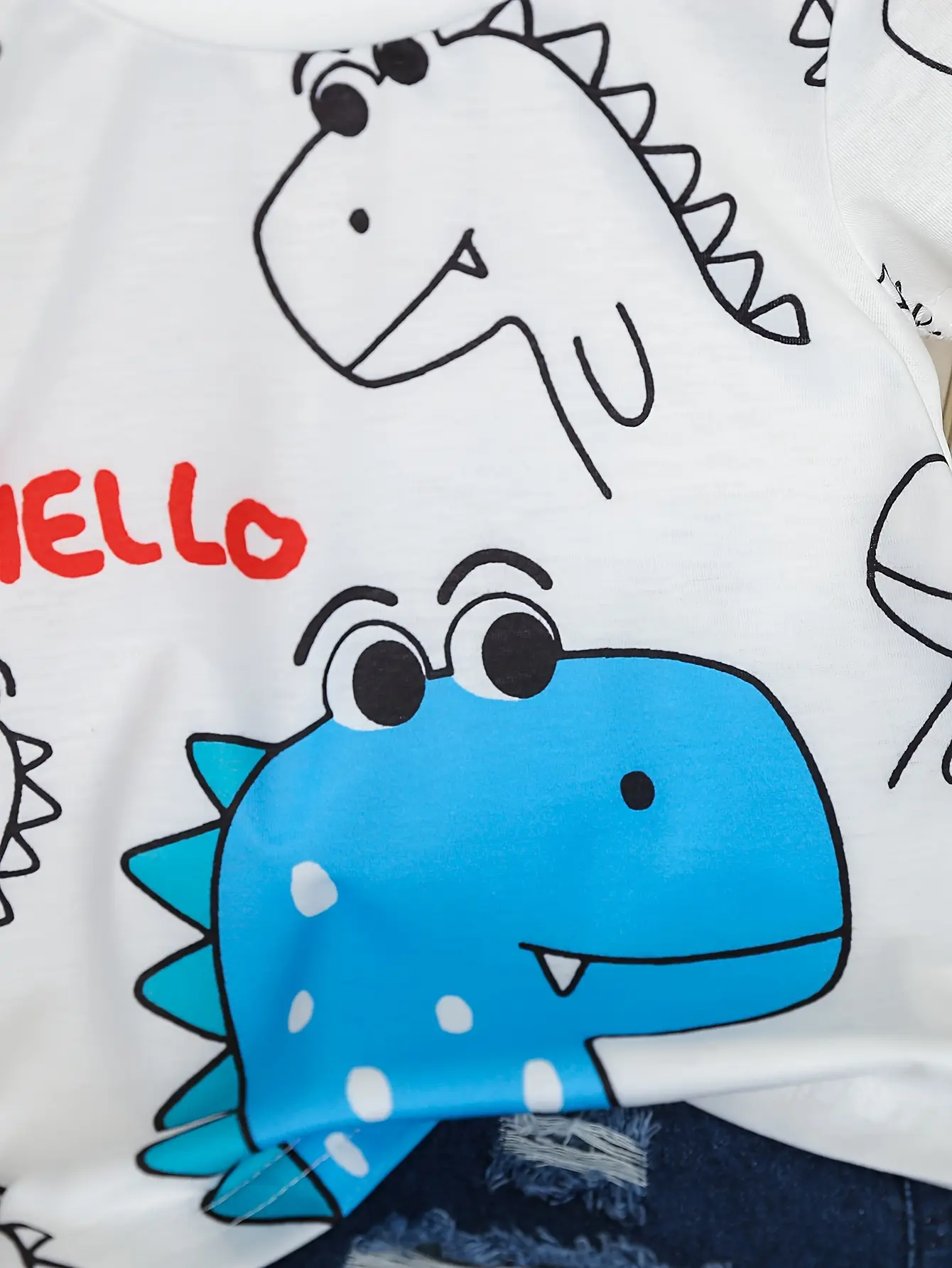 Summer Baby Boy Cute Little Dinosaur Printed Round-Neck T-Shirt + Ripped Denim Shorts 2-Piece Set