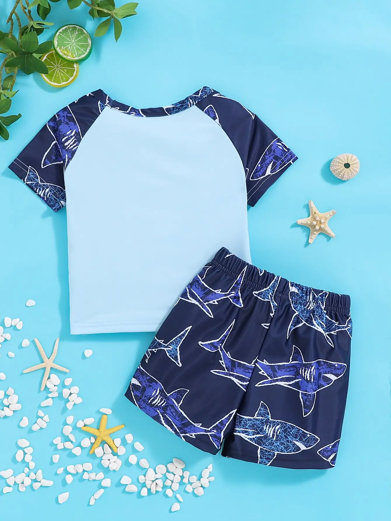 2pieces Baby Boy Summer Travel Beach Swimsuit Comfortable Soft Breathable Casual Fashion Shark Print Short Sleeve Shorts Set