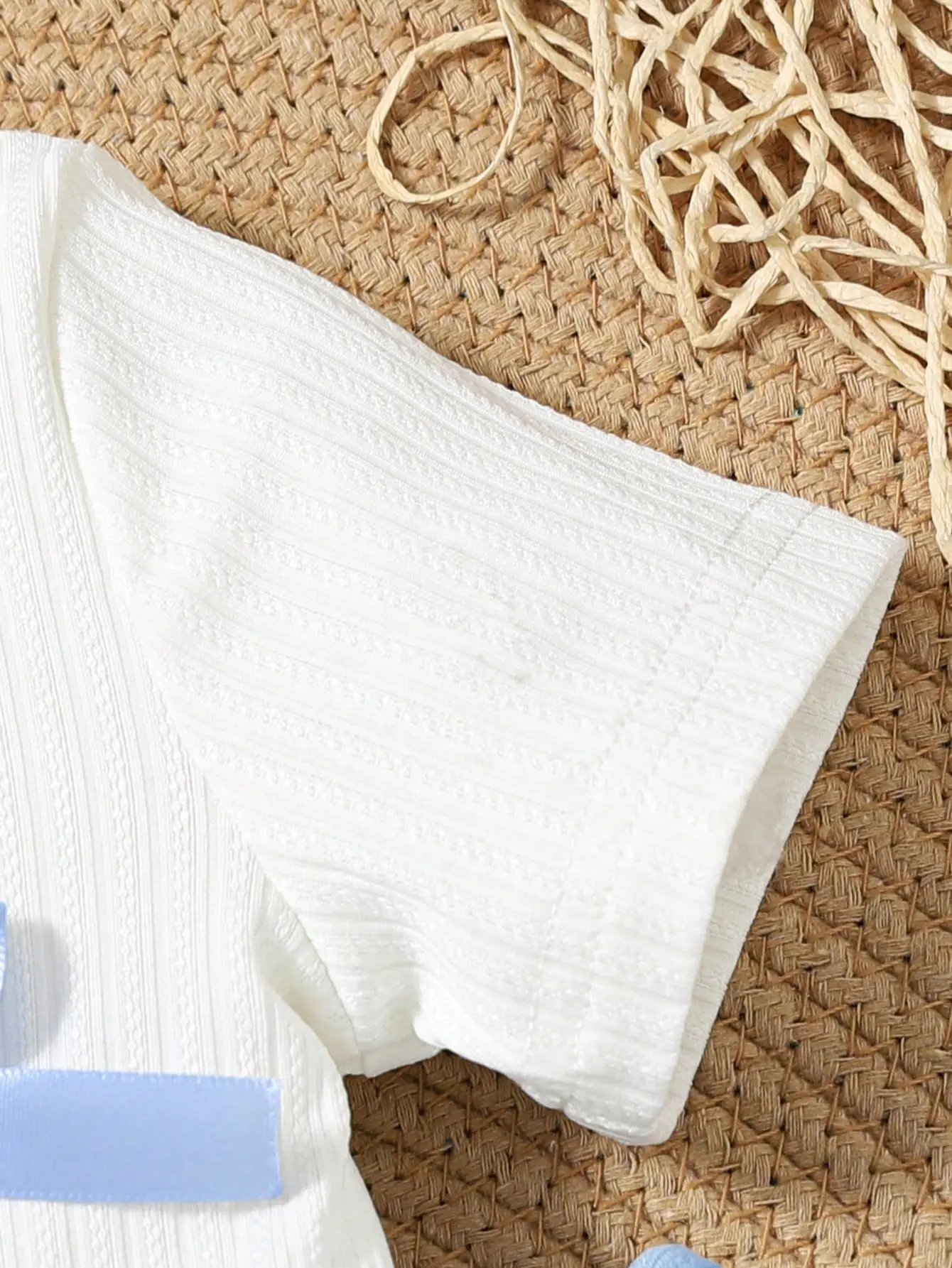 2025 Summer White Ribbed Jacquard Fabric Blue Bow Short Sleeve Blue Trouser Suit Comfortable And Soft For Outdoor Vacation Set