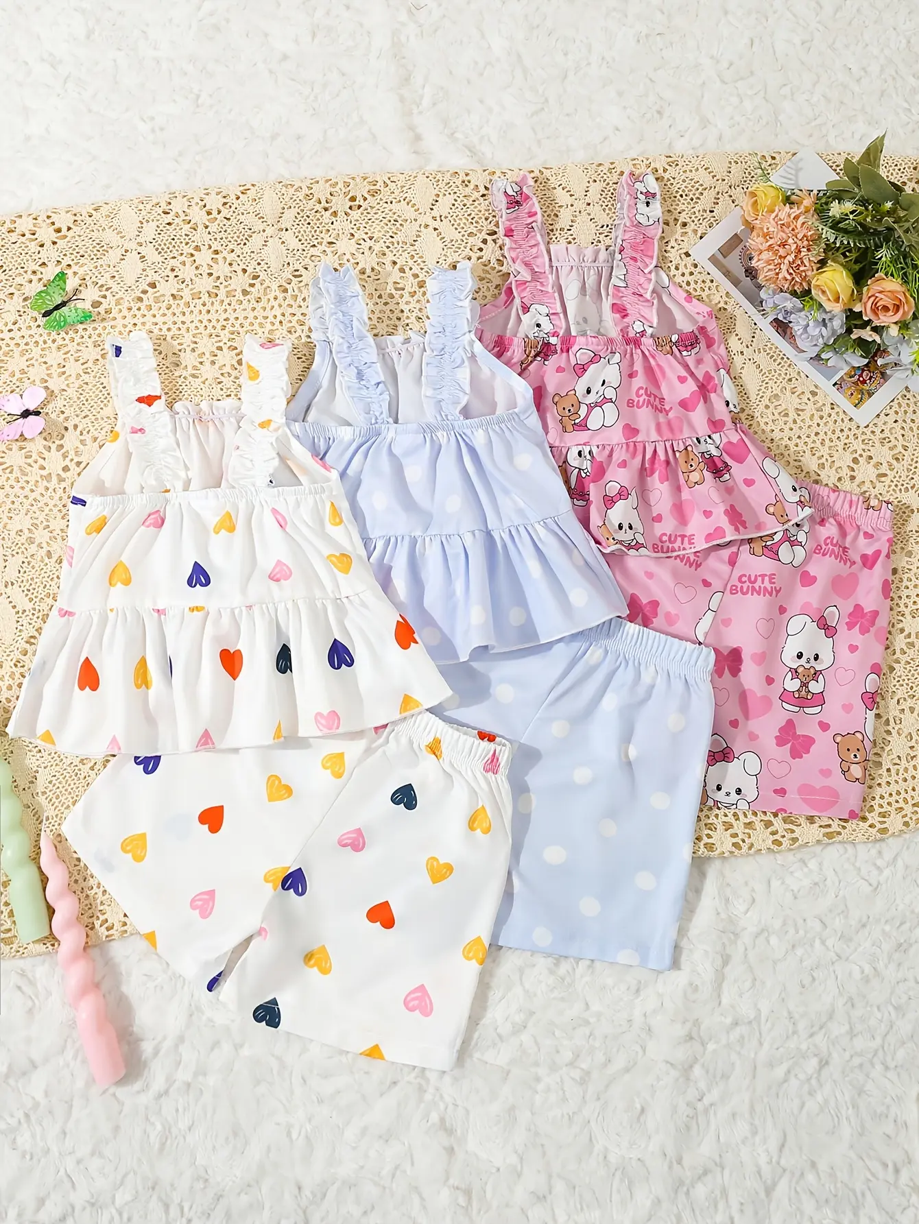 A 6-Piece Summer Outdoor Cute And Sweet Bow Digital Printed Halter Top For Baby Girls + Casual Soft Shorts Set