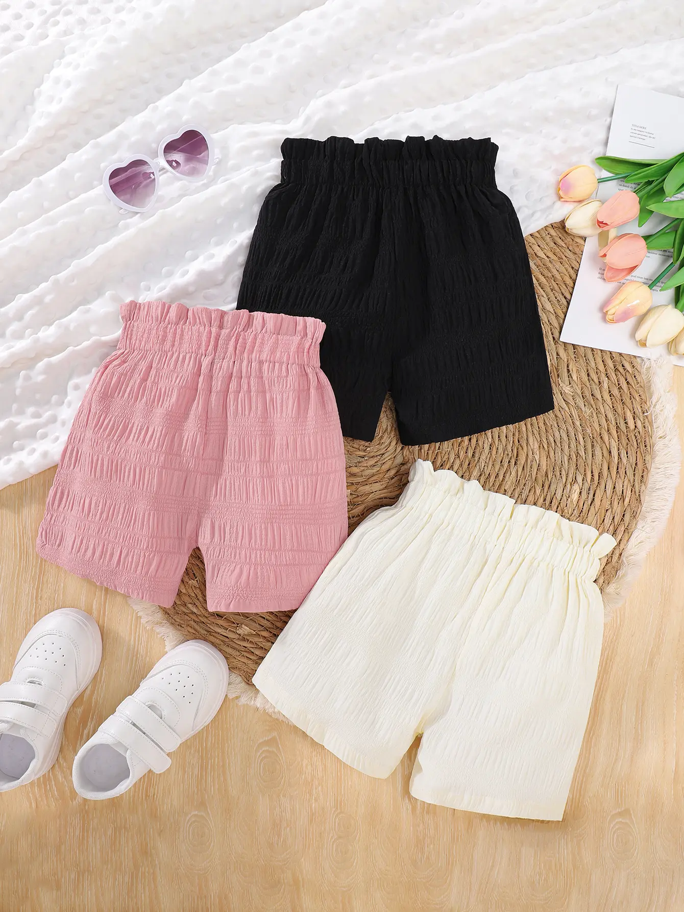 Three-Piece Bow-Decorated Girls' High-Waisted Shorts Summer Children's Casual Pants Thin Summer Girls' Hot Pants Multi-Piece Set