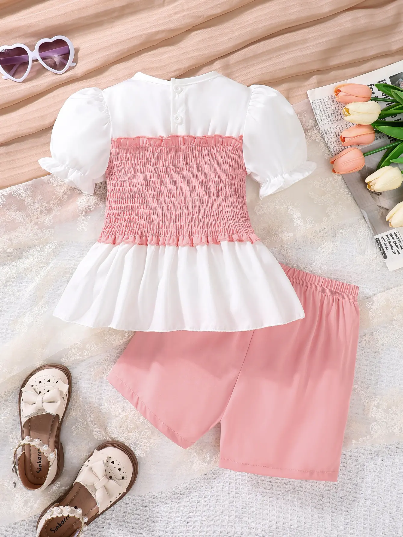 Two-Piece Summer Waist-Cinching Girls' Short-Sleeved T-Shirt Color-Blocking Dress Top Short Pants Cute Girls' Vacation Set