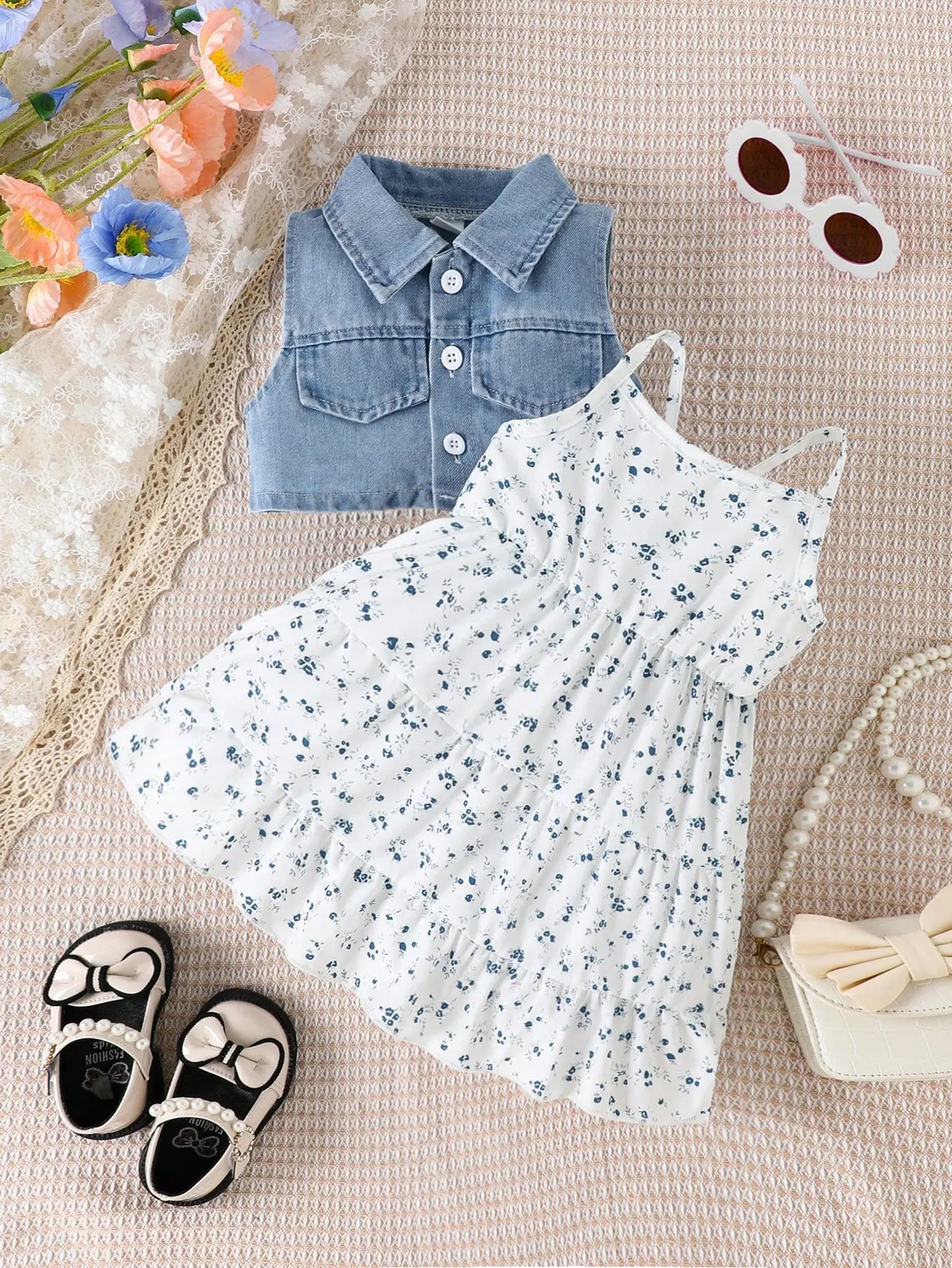 Summer Baby Girl's Country-Style Sleeveless Dress: Summer Girl's Sleeveless Denim Vest + Small Floral Dress 2-Piece Set