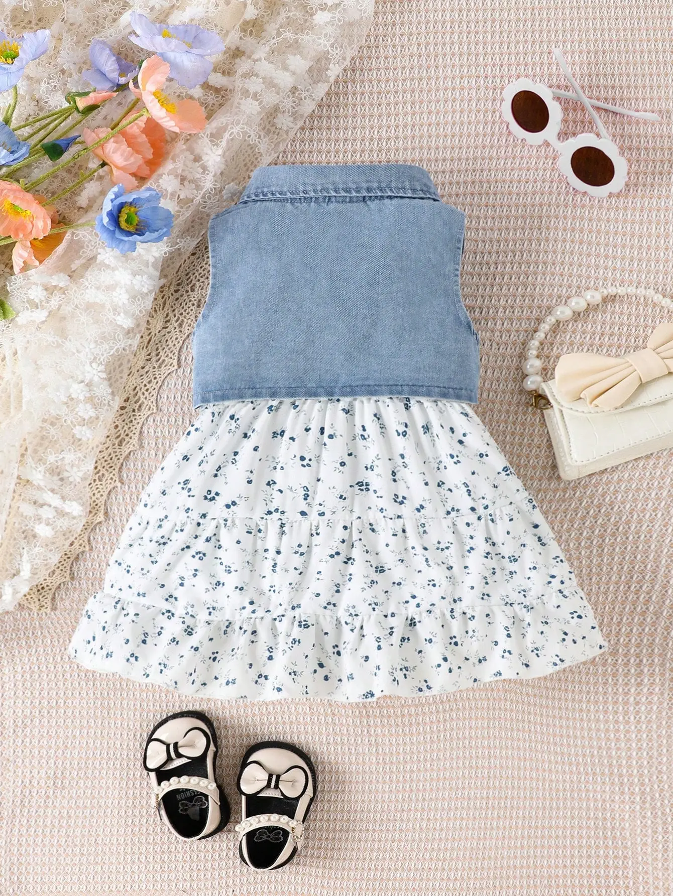 Summer Baby Girl's Country-Style Sleeveless Dress: Summer Girl's Sleeveless Denim Vest + Small Floral Dress 2-Piece Set