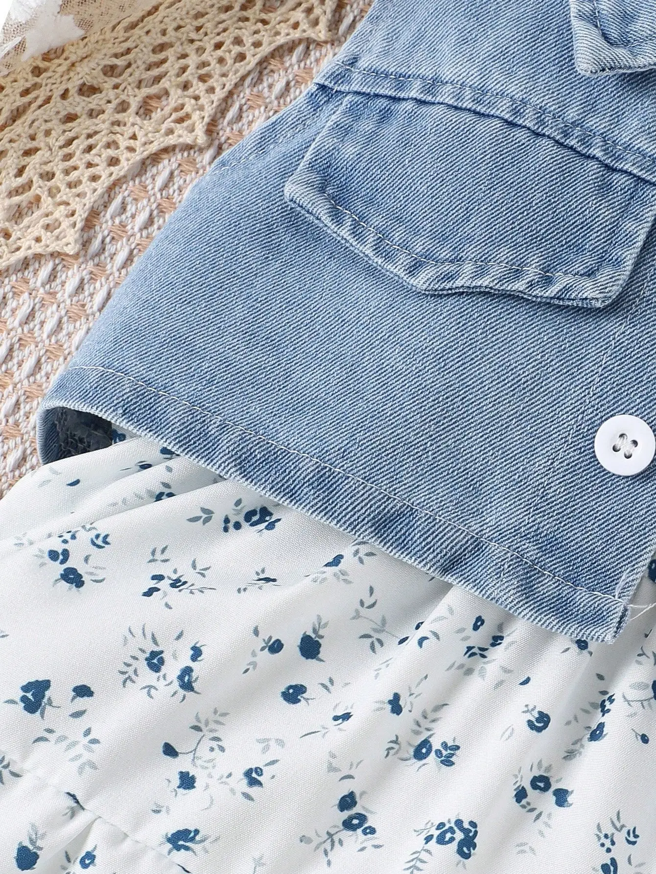Summer Baby Girl's Country-Style Sleeveless Dress: Summer Girl's Sleeveless Denim Vest + Small Floral Dress 2-Piece Set