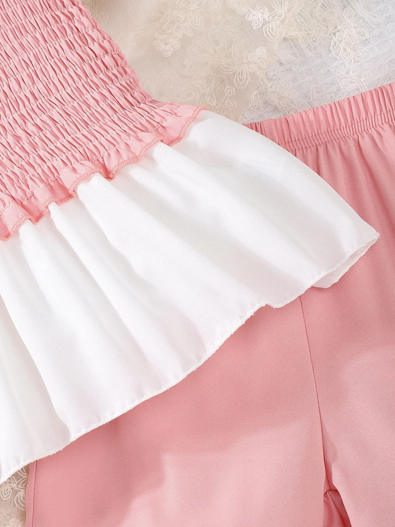 Two-Piece Summer Waist-Cinching Girls' Short-Sleeved T-Shirt Color-Blocking Dress Top Short Pants Cute Girls' Vacation Set