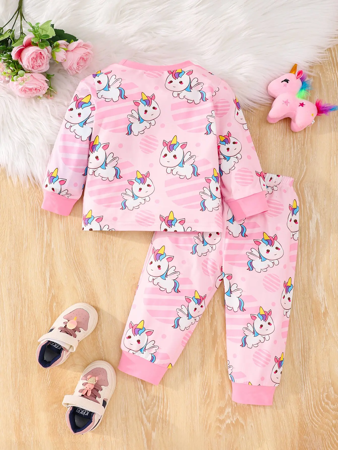 Pink Rainbow Unicorn Long Pants Pajamas Full Of Printed Fabric Comfortable Soft Skin Cute Sweet Home Wear Baby Girl Twopiece Set