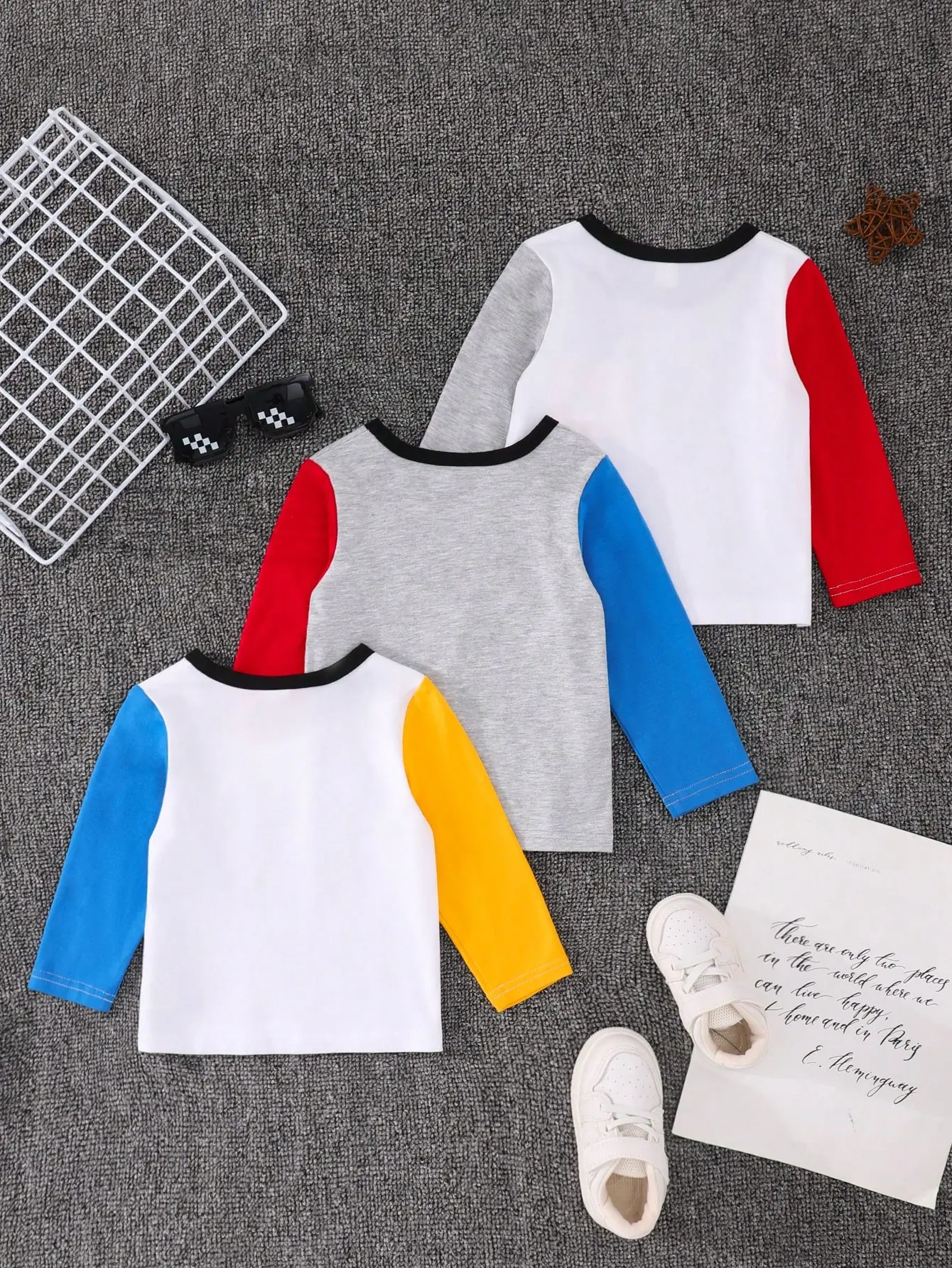 Spring And Autumn Newborn Baby Outdoor Casual T-Shirt For Boys Multi-Color Patchwork And Color-Blocking Long-Sleeved 3-Piece Set