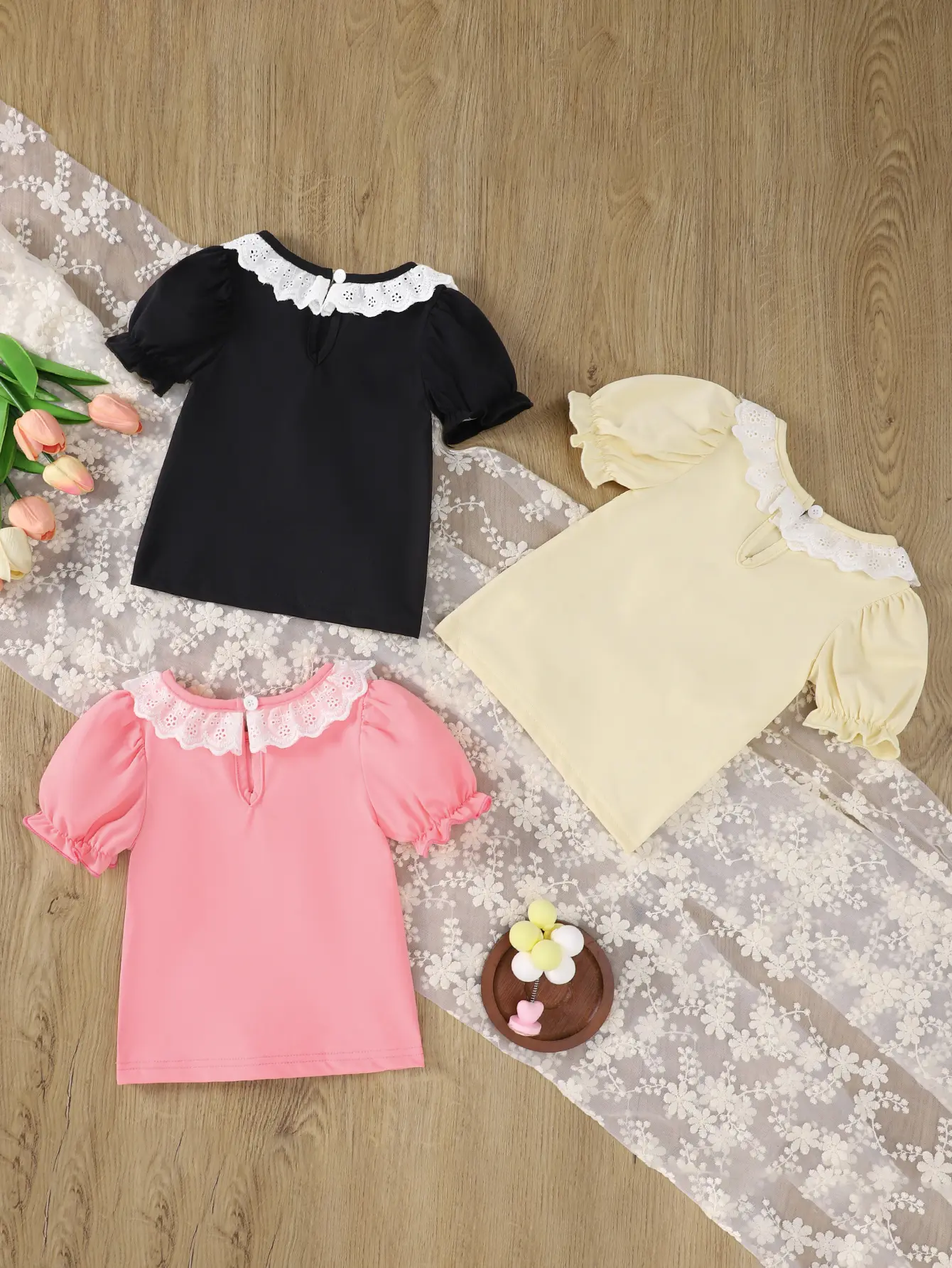Three-Piece Solid-Color Lace Collar Short-Sleeved T-Shirt For Girls Casual Round-Neck Top For Girls And Babies Summer Clothes