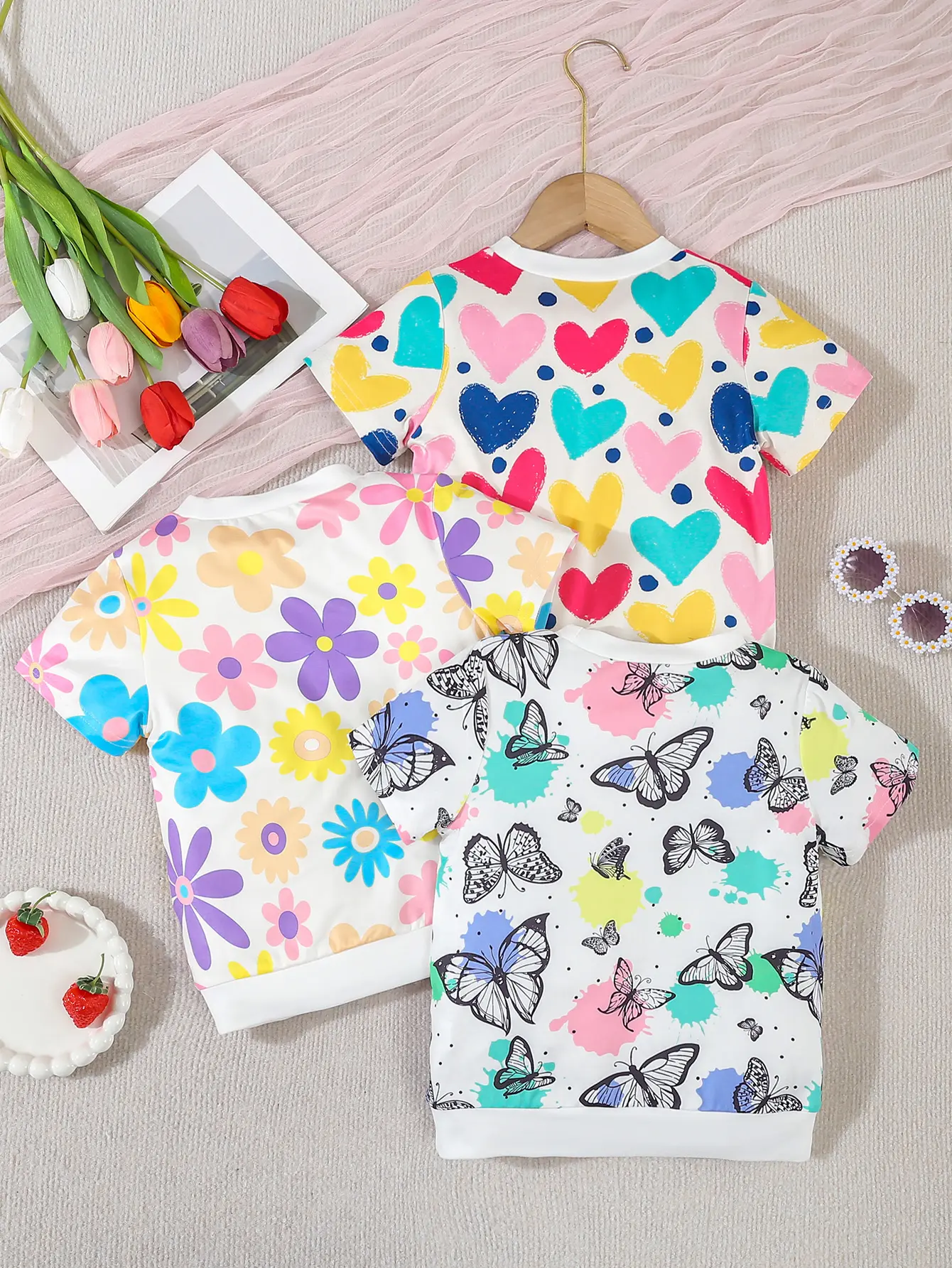 A 3-Piece Round-Neck Floral Print Short-Sleeved T-Shirt For Girls A New Summer Casual Girl's Outfit And A Multi-Color Top