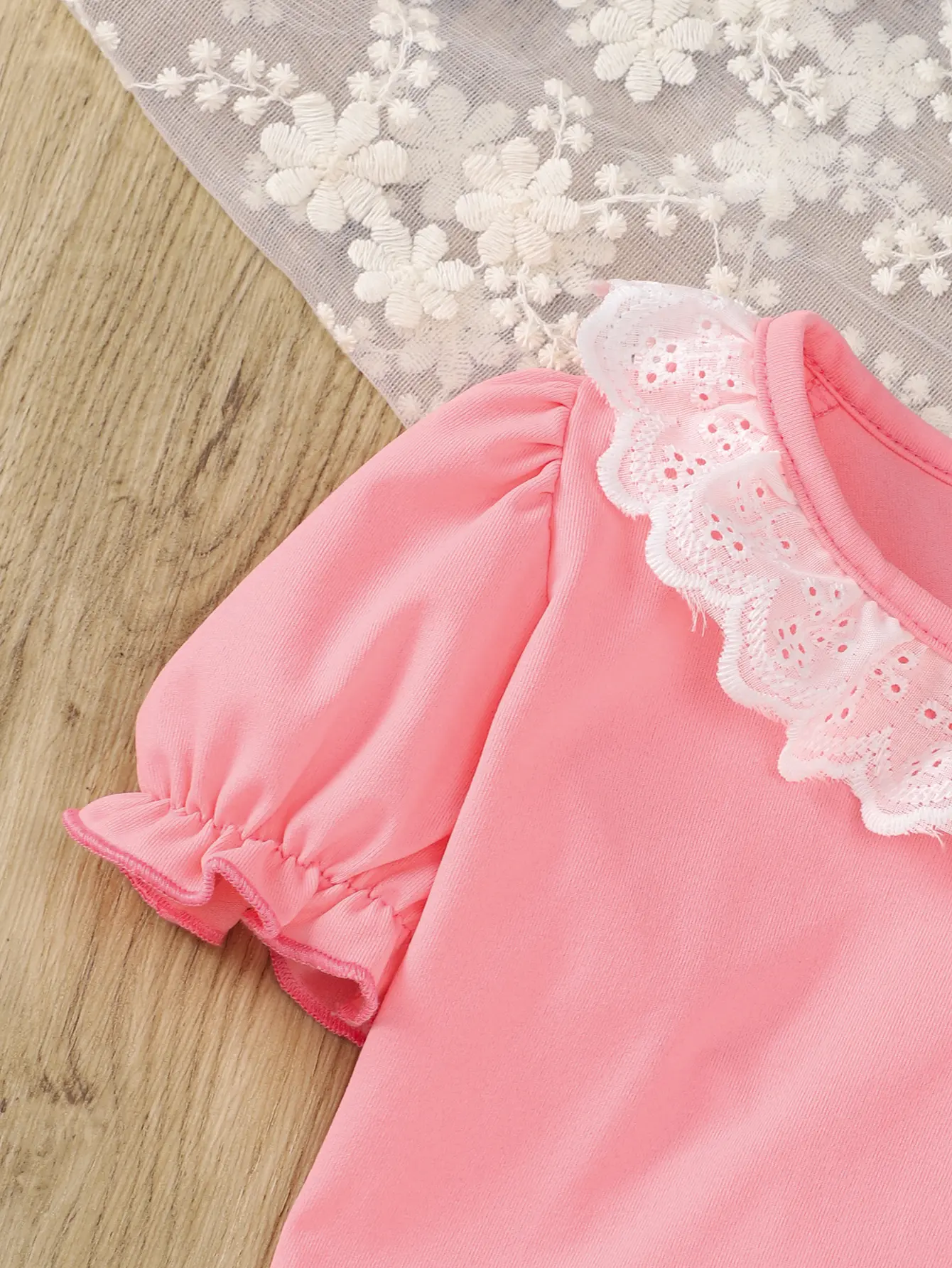 Three-Piece Solid-Color Lace Collar Short-Sleeved T-Shirt For Girls Casual Round-Neck Top For Girls And Babies Summer Clothes