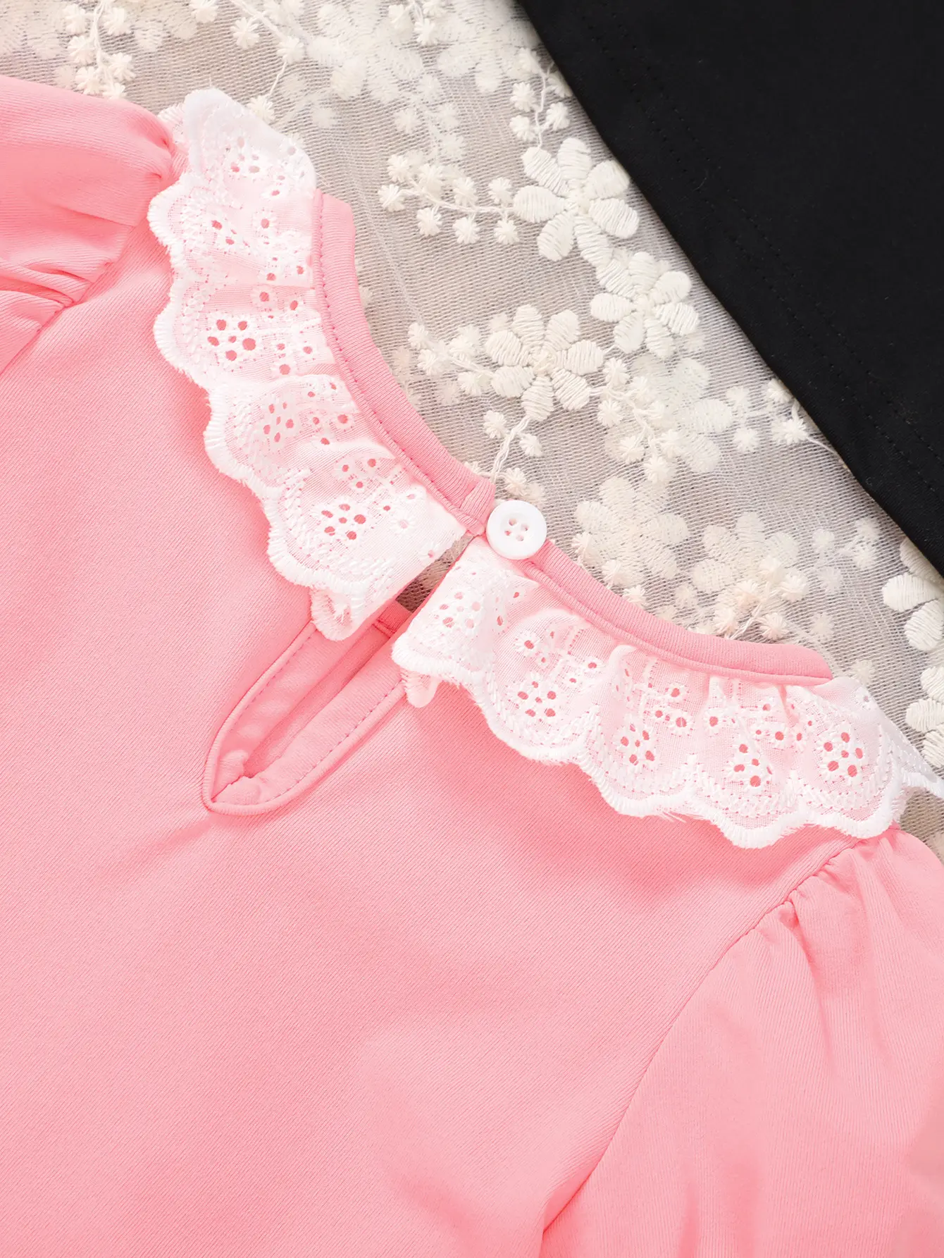 Three-Piece Solid-Color Lace Collar Short-Sleeved T-Shirt For Girls Casual Round-Neck Top For Girls And Babies Summer Clothes