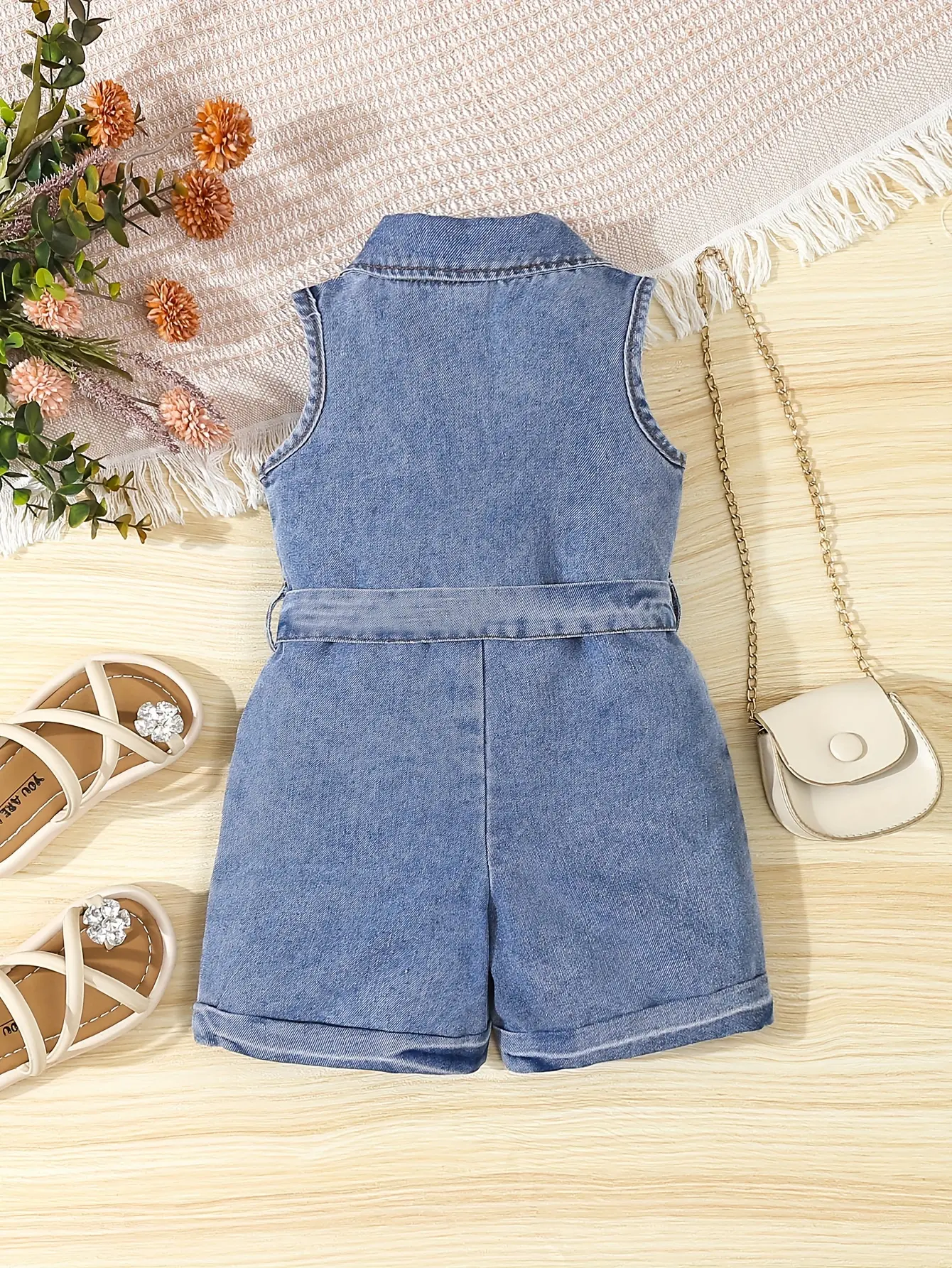 Cute baby girls retro denim romper shorts + Belt 2 pieces Summer casual romper for baby girls