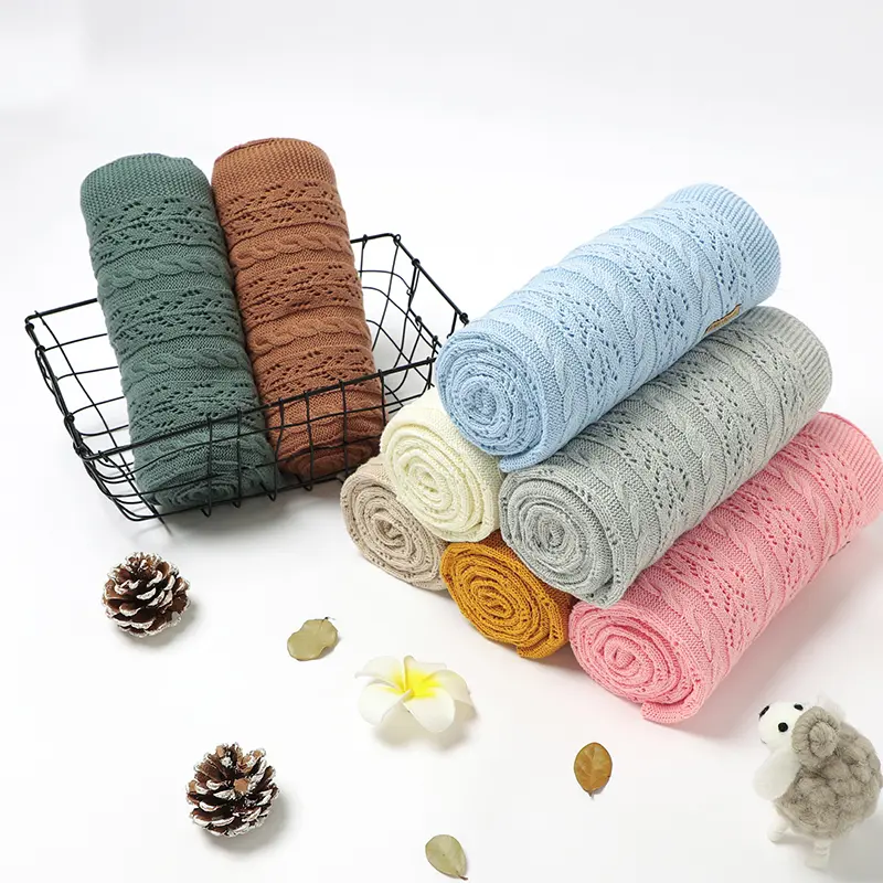 Baby Blanket Cotton Knitted Soft Infant Boy Girl Bed Quilt 100*80CM Hollow Out Newborn Plaid Fashion Solid Stroller Swaddle Wrap