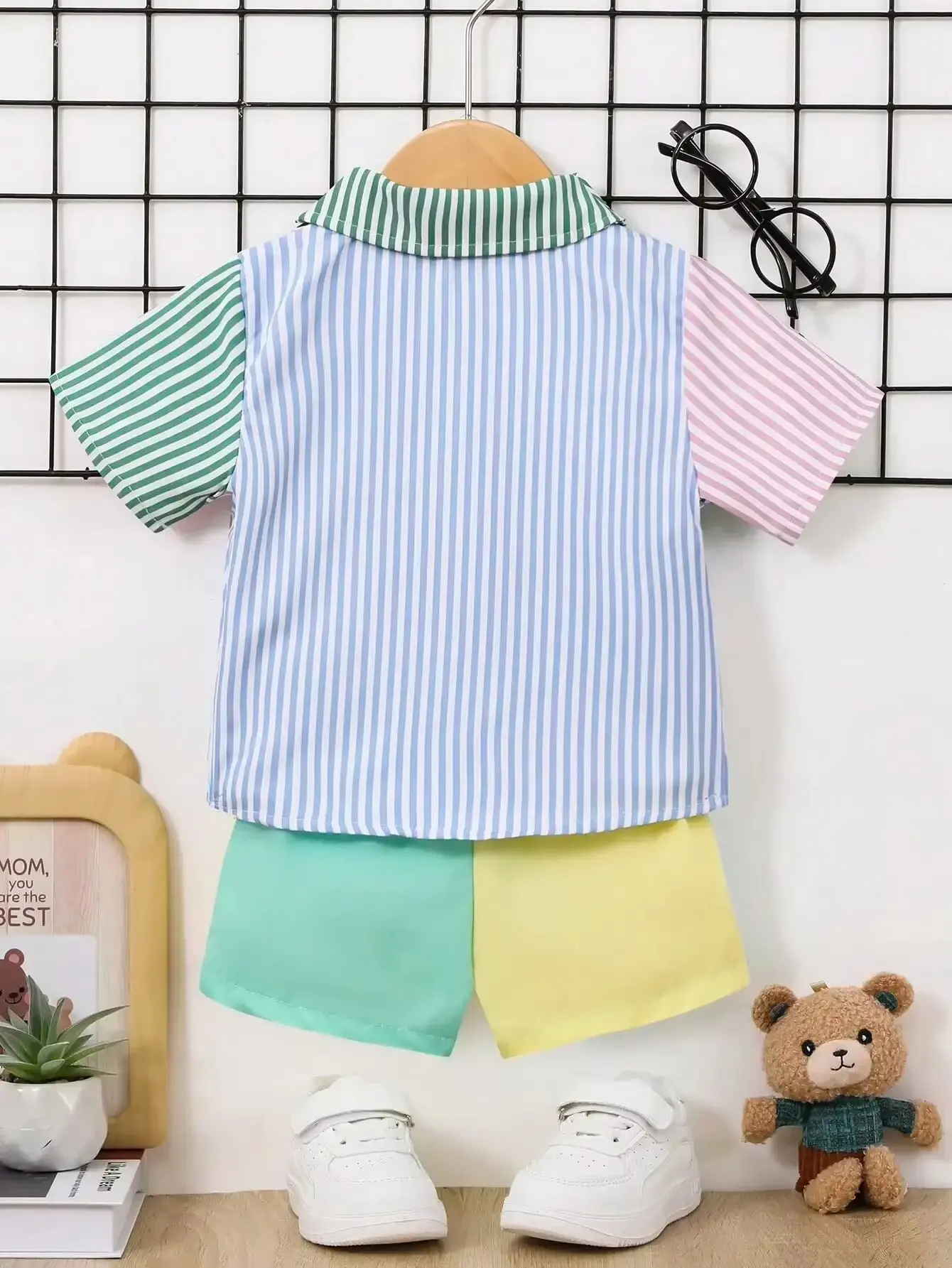 2 Piece Summer Baby Boy Fresh Casual Fashion Comfortable Striped Shirt Single Breasted Short Sleeve Color Matching Shorts