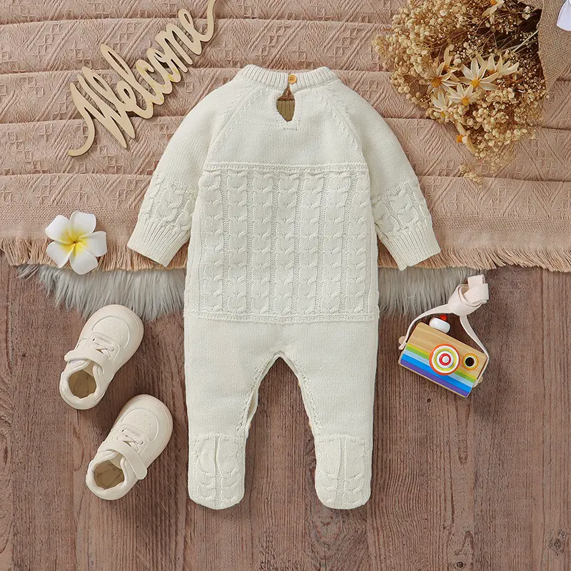 Newborn Baby Romper Long Sleeve Knit Infant Boy Girl Jumpsuit Fashion Solid Overalls Toddler Clothes 0-9M Foot Wrapped Warm Fall