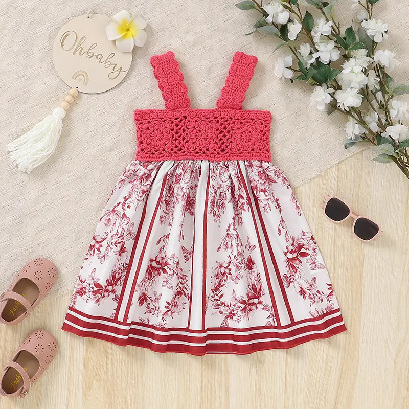 Girls Baby Dress Knitted Newborn Children Skirt Fashion Hollow Out Cute Florals Infant Toddler Sling Clothes Casuals Gown Summer