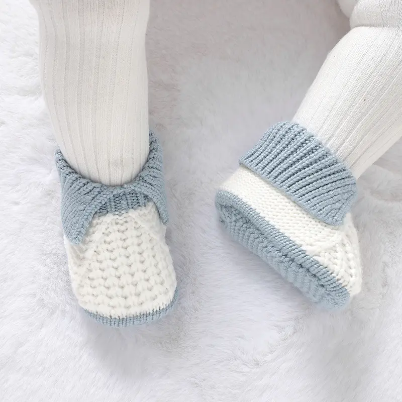 Newborn Baby Shoes Knit Infant Boys Girls Boots Fashion Patchwork Flanging Toddler Kid Crib Shoes 0-18M Chlid Footwear Cute Warm