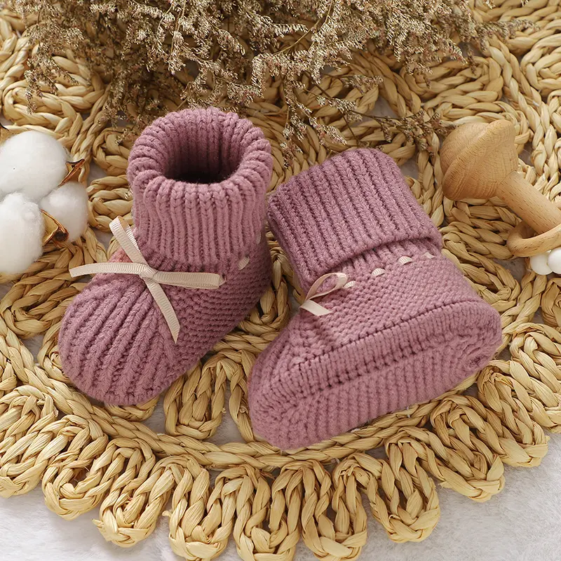 Baby Shoes Knitted Newborn Boys Girls Boots Fashion Solid Cute Bow Infant Child Footwear 0-18M Handmade Warm Clothes Accessories