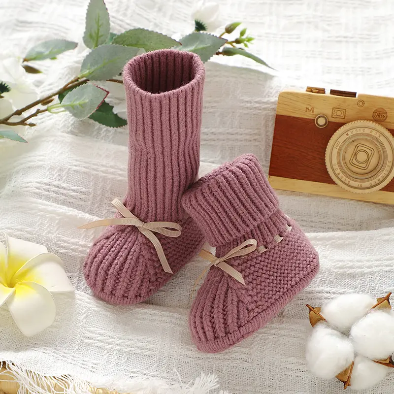 Baby Shoes Knitted Newborn Boys Girls Boots Fashion Solid Cute Bow Infant Child Footwear 0-18M Handmade Warm Clothes Accessories