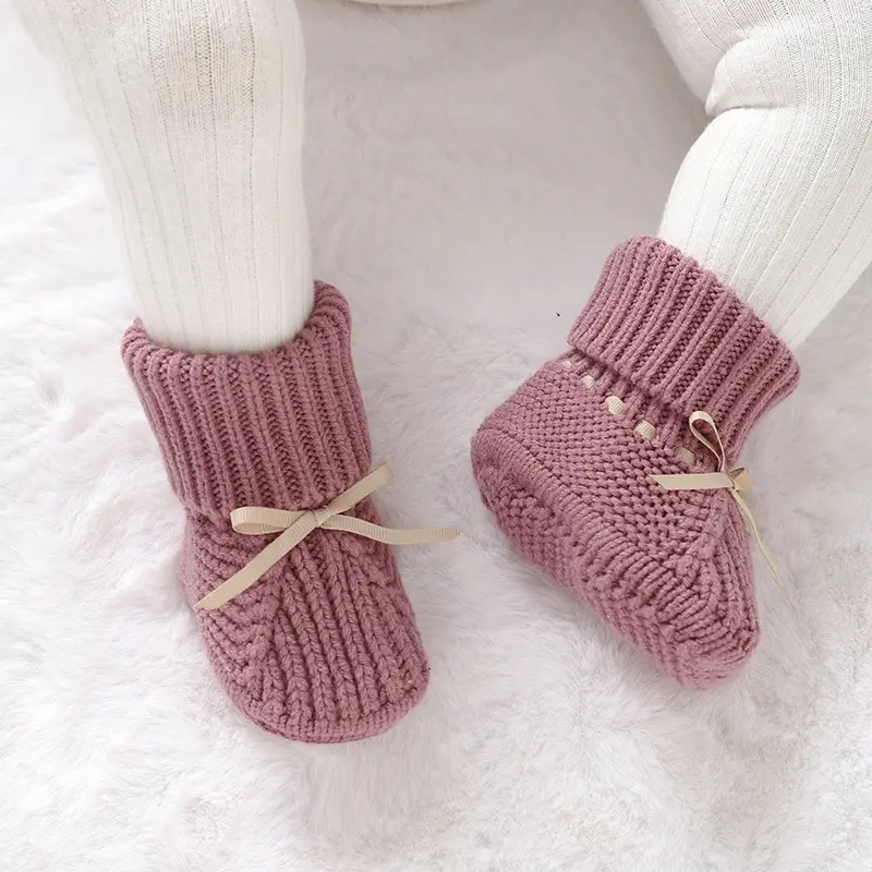 Baby Shoes Knitted Newborn Boys Girls Boots Fashion Solid Cute Bow Infant Child Footwear 0-18M Handmade Warm Clothes Accessories