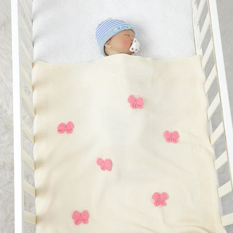 Baby Blankets Knit Newborn Boy Girl Bedding Quilt 90*70CM Infant Stroller Swaddle Wrap Super Soft Fashion Cute 3D Bows Sleepsack