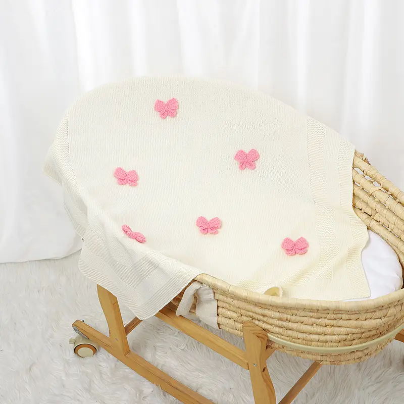 Baby Blankets Knit Newborn Boy Girl Bedding Quilt 90*70CM Infant Stroller Swaddle Wrap Super Soft Fashion Cute 3D Bows Sleepsack