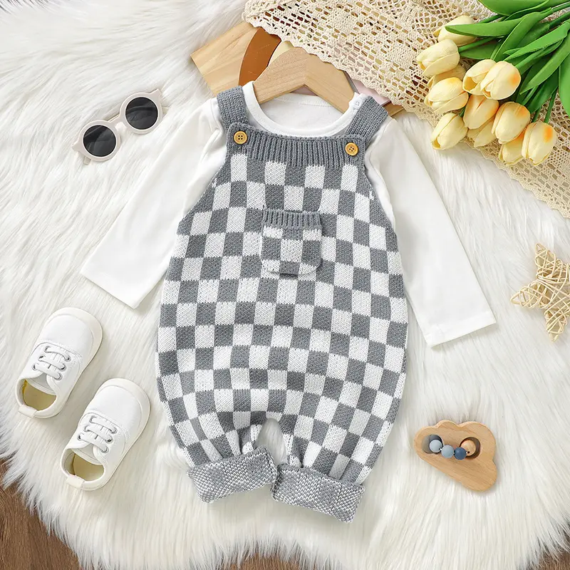 Newborn Baby Romper Knitted Infant Boy Jumpsuit Sleeveless Autumn Toddler Kid Sling Clothing Fashion Plaid Pocket 0-18M Overalls