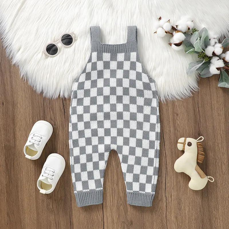 Newborn Baby Romper Knitted Infant Boy Jumpsuit Sleeveless Autumn Toddler Kid Sling Clothing Fashion Plaid Pocket 0-18M Overalls