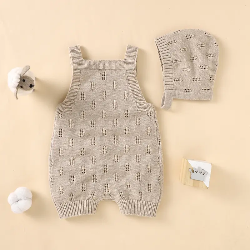 Cotton Baby Rompers Knit Infant Newborn Boys Jumpsuit Sleeveless Summer Toddler Girl Kid Clothing Hat Fashion Solid 2pcs Outfits