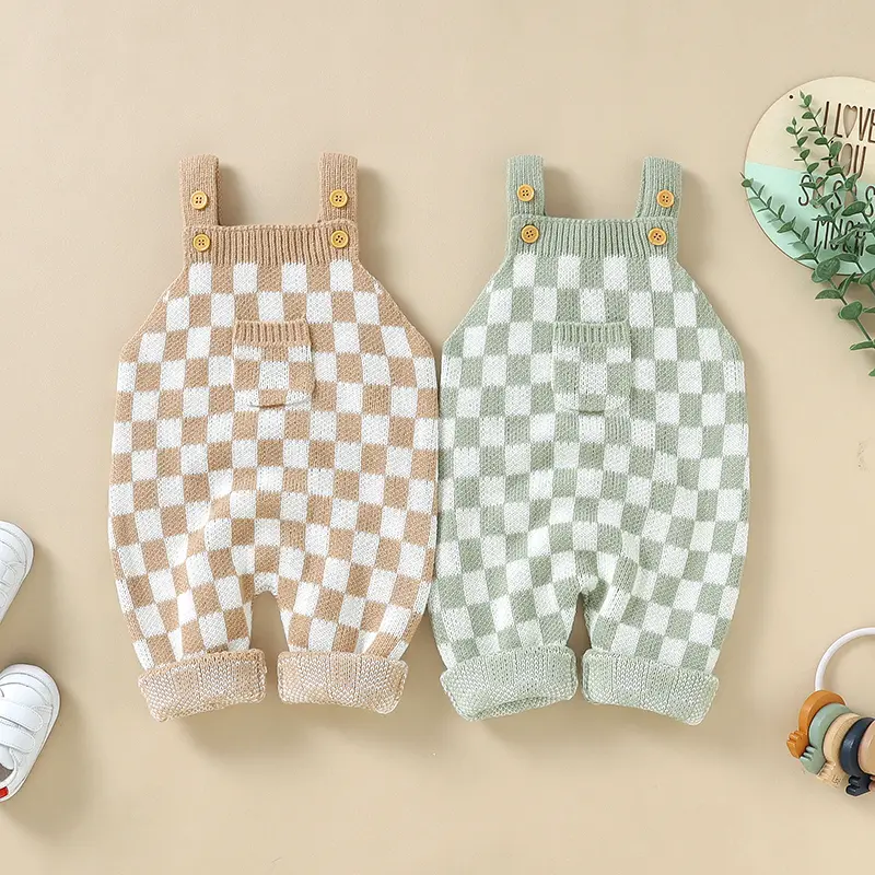 Newborn Baby Romper Knitted Infant Boy Jumpsuit Sleeveless Autumn Toddler Kid Sling Clothing Fashion Plaid Pocket 0-18M Overalls